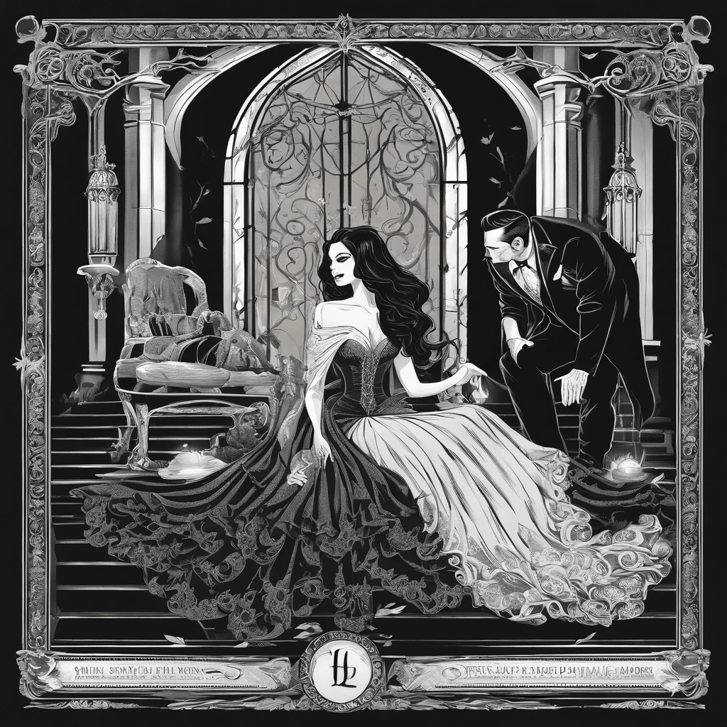 Gomez and Morticia Addams,creepy black and white portrait,dark and eerie composition,vintage black-and-white film aesthetic,delicate black lace detailing,carefully styled facial expressions of passion,deep set eyes,fierce gazes,dramatic lighting,subtle smoke effects,mysterious atmosphere,aesthetic gothic fashion,high contrast and sharp details,rich and textured shadows,ominous aura,hauntingly beautiful love,embrace of darkness,old Hollywood glamour,authentic film grain,macabre romance,shadowy silhouettes,black roses,crimson lipstick,pale skin,traditional family values with a macabre twist,humorous and twisted love story,classic horror theme,haunted mansion setting,Victorian era fashion and decor,moody and atmospheric setting,black-and-white cinematography,dark and twisted minds,eternal bond of love and death,Gomez's slicked back hair and mustache,Morticia's long flowing hair and tight-fitting black dress,passionate and intense romance,brooding and mysterious personality,fanciful and creepy mansion interior,gothic architecture,hauntingly beautiful visuals.