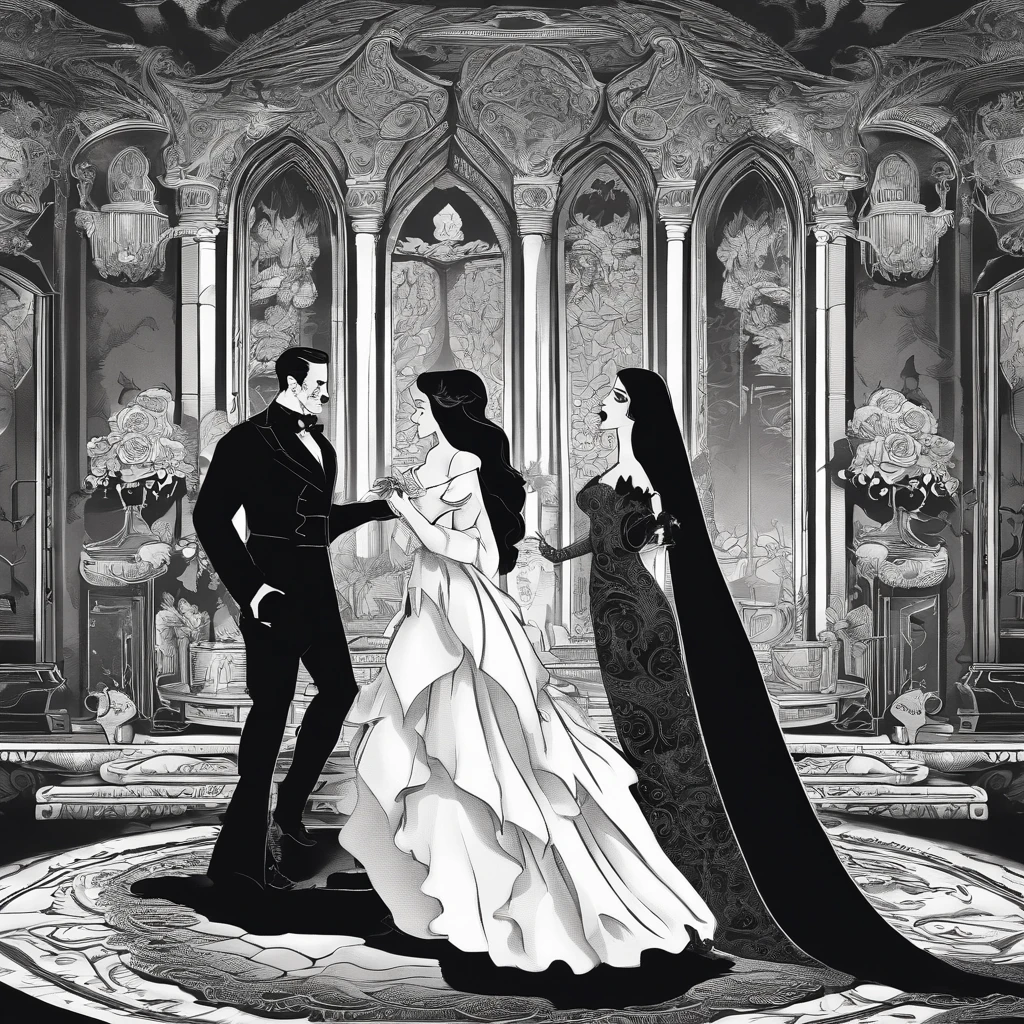 Gomez and Morticia Addams,creepy black and white portrait,dark and eerie composition,vintage black-and-white film aesthetic,delicate black lace detailing,carefully styled facial expressions of passion,deep set eyes,fierce gazes,dramatic lighting,subtle smoke effects,mysterious atmosphere,aesthetic gothic fashion,high contrast and sharp details,rich and textured shadows,ominous aura,hauntingly beautiful love,embrace of darkness,old Hollywood glamour,authentic film grain,macabre romance,shadowy silhouettes,black roses,crimson lipstick,pale skin,traditional family values with a macabre twist,humorous and twisted love story,classic horror theme,haunted mansion setting,Victorian era fashion and decor,moody and atmospheric setting,black-and-white cinematography,dark and twisted minds,eternal bond of love and death,Gomez's slicked back hair and mustache,Morticia's long flowing hair and tight-fitting black dress,passionate and intense romance,brooding and mysterious personality,fanciful and creepy mansion interior,gothic architecture,hauntingly beautiful visuals.