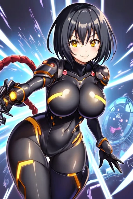 anime style, 2d, anime screencap, 1girl, black hair, very short hair, futuristic, science-fiction, smile, black bodysuit, bodysuit, gauntlet, large breasts, big breasts, breasts, wide hips, thick thighs, pantyhose, yellow eyes, smile, tech, thighhighs, hair ornament, ornament, light smile, headphones, headset, machinery