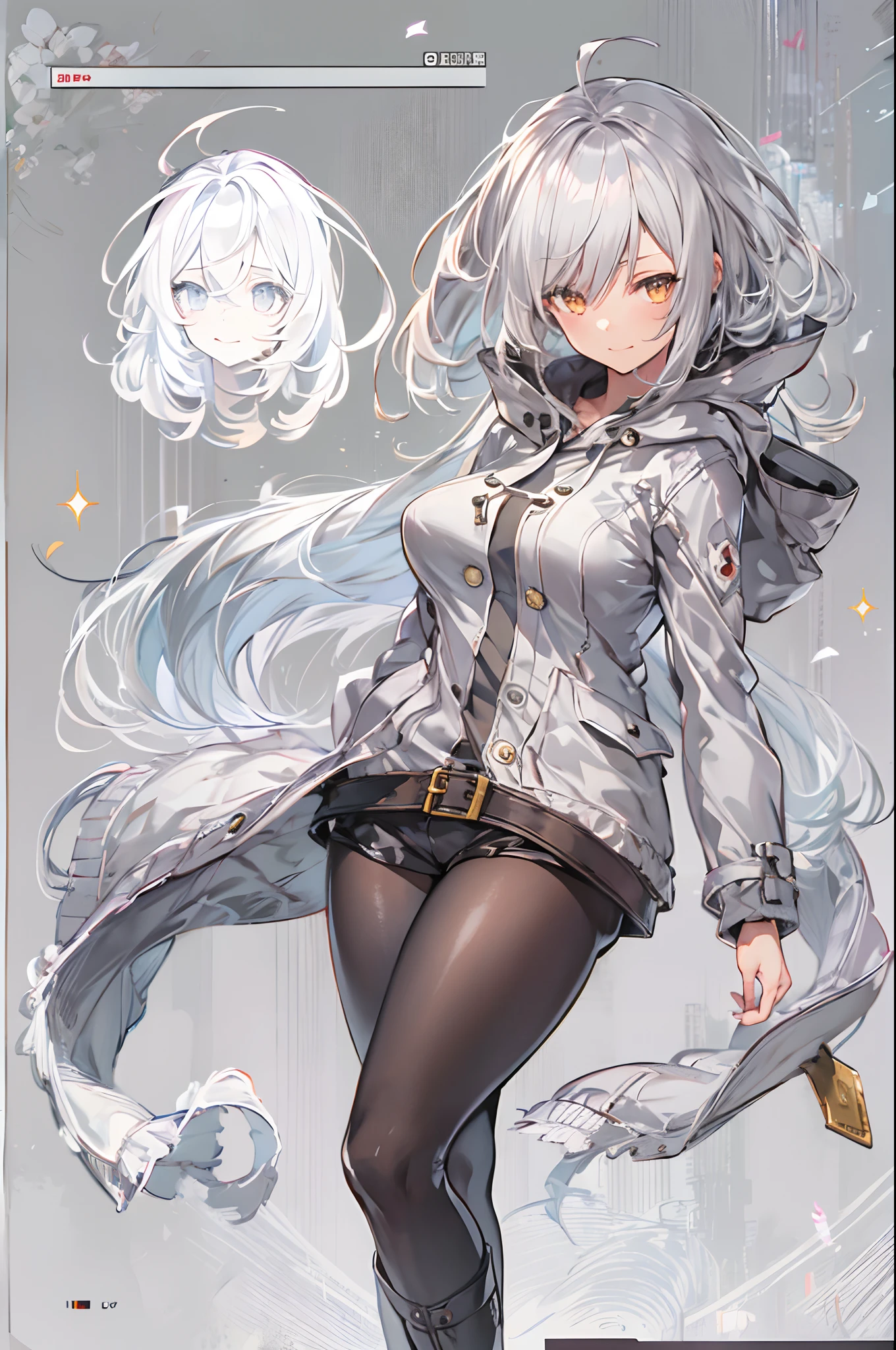 1girl, {solo}, upper body ,{{ {looking at viewer}}}, arm at side, concept art, white background, simple background, white hair, silver gradiient hair , complex cloth, asymmetrical clothes, virtual youtuber, best quality, masterpiece, dynamic angle, guilty gear, guilty gear, guilty gear, cowboy_shot, looking_back, grabbing, girl,woman,female, young,20 years old, very long hair, flipped hair, silver hair, flowing hair, ahoge, smirk, beautiful and delicate golden eyes, teeth, medium_breasts, blonde eyes, white skin, coat, hoodie, black_shorts, grey Clothes, transparent_background, backlighting, absurdres, highres, ultra detailed,