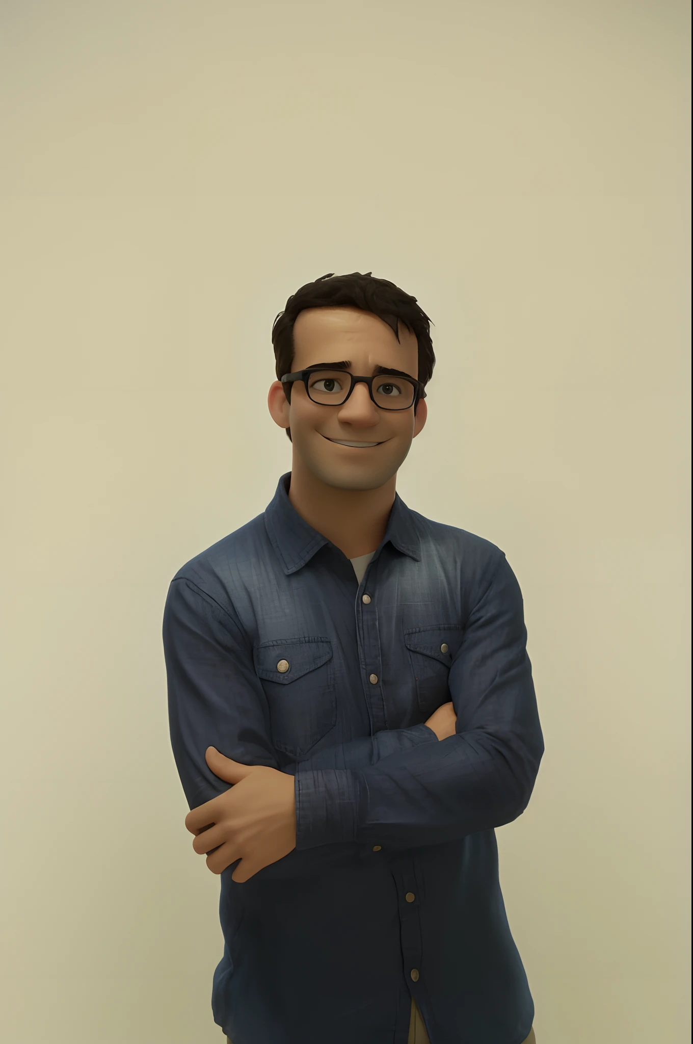 Smiling man in blue shirt and glasses standing with arms crossed, emanuele dascanio, Farid Ghanbari, Pablo Dominguez, ignacio fernandez rios, Mahmud Barzanji, posuka demizu |, Guilherme H. Pongiluppi, Gonzalo Fuenmayor, Carmelo Blandino, david rios ferreira, alessandro bavari , be as faithful as possible to the original image, keep the features of the face as much as possible. 3D Animation Movie Poster, Poster de filme animado, pixar 3 d animation style, pixar renderman rendering, maia 8 mil, animated film, Disney Pixar Estilo 3D, Disney Pixar Animation Poster