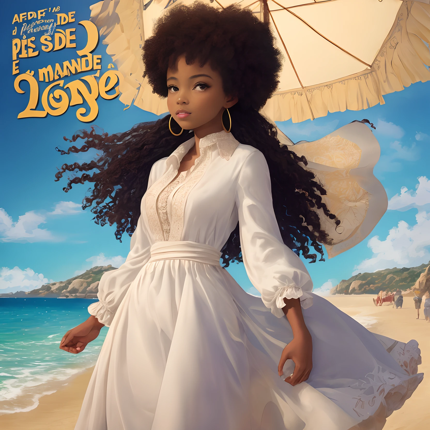une affiche disney pixar intitulée « ness » écrit en beige avec une fille au bronzage doré avec un petit nez et des cheveux caramels, longs et ondulés. Elle a des yeux de biche noirs et des longs cils et une bouche bien dessinée. Elle est habillée d’un long manteau blanc. a côté d’elle il y a une métisse avec un petit nez et une grosse bouche et les cheveux afro marrons et des grands yeux en amande qui tient des bonbons . derrière il y a une fete foraine