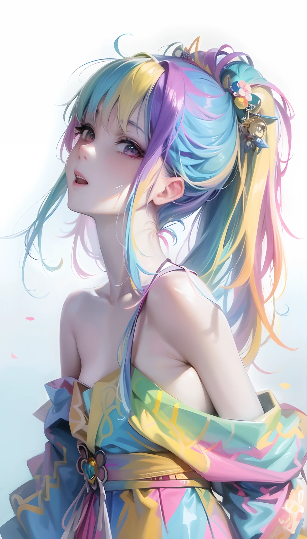 Anime girl with colorful hair and colorful clothes, Rosla's soft vitality, Roslass cartoon vitality, anime style 4 K, beautiful anime portrait, art germ colorful!!!, beautiful anime girl,! dream art germ, anime style digital art, digital animation art, anime art wallpaper 4K, anime art wallpaper 4K, extremely detailed art germ, masterpiece, very detailed,