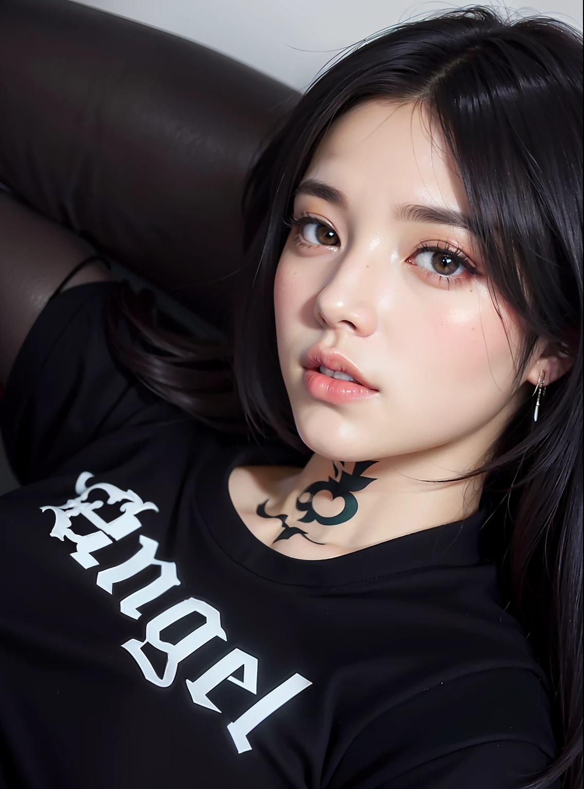 Woman with a tattoo on her chest sitting on a sofa, de menina taiwanesa com tatuagens, cruel korean goth girl, Sui Ishida com cabelo preto, kanliu666, Ayami tem, inspirado em Ayami Kojima, imagem de perfil, inspirado em Kamagurka, Coberto, Ayami, Marinheiro Kitagawa, gemma chen
