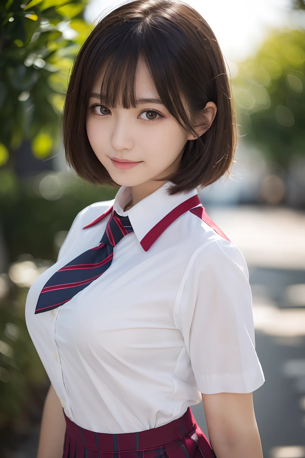 ((masutepiece)), ((Best Quality)), (Ultra-detailed), ((Extremely detailed)), 4K, (8K), Best Quality, (Beautiful), Gradation, (masutepiece, Best Quality:1.2), 8K, 18year old, 85 mm, Official art, Raw photo, absurderes, White dress shirts, Pretty Face, close up, Upper body, violaceaess, gardeniass, Beautiful Girl, School uniform, (Navy pleated skirt:1.1), Cinch West, thighs thighs thighs thighs, Short sleeve, short-hair、atlibrary, Looking at Viewer, No makeup, (Smile), Film grain, chromatic abberation, Sharp Focus, face lights, clear lighting, Teen, Detailed face, Bokeh background, (dark red necktie:1.1)、medium breasts⁩