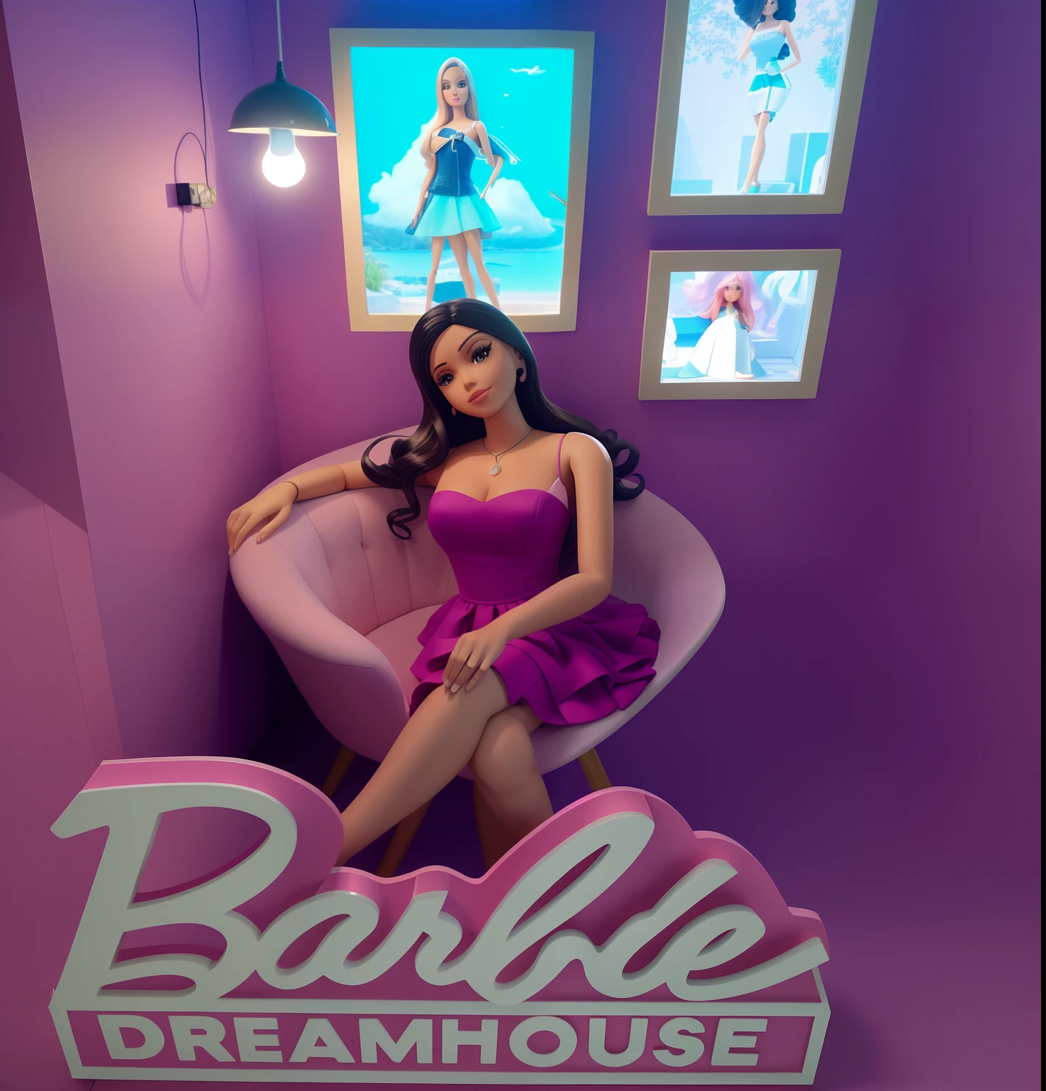 Mulher em um vestido rosa sentada em uma cadeira em uma casa de sonho Barbie, Barbie, figura de cera, boneca Barbie, Directed by: Bernie D'Andrea, by Amelia Peláez, Retrato da boneca Barbie, by Gina Pellón, Directed by: Gabriel Ba, Parece Fabiula Nascimento, Directed by: Robbie Trevino, Directed by: Ramon Silva, Fixar