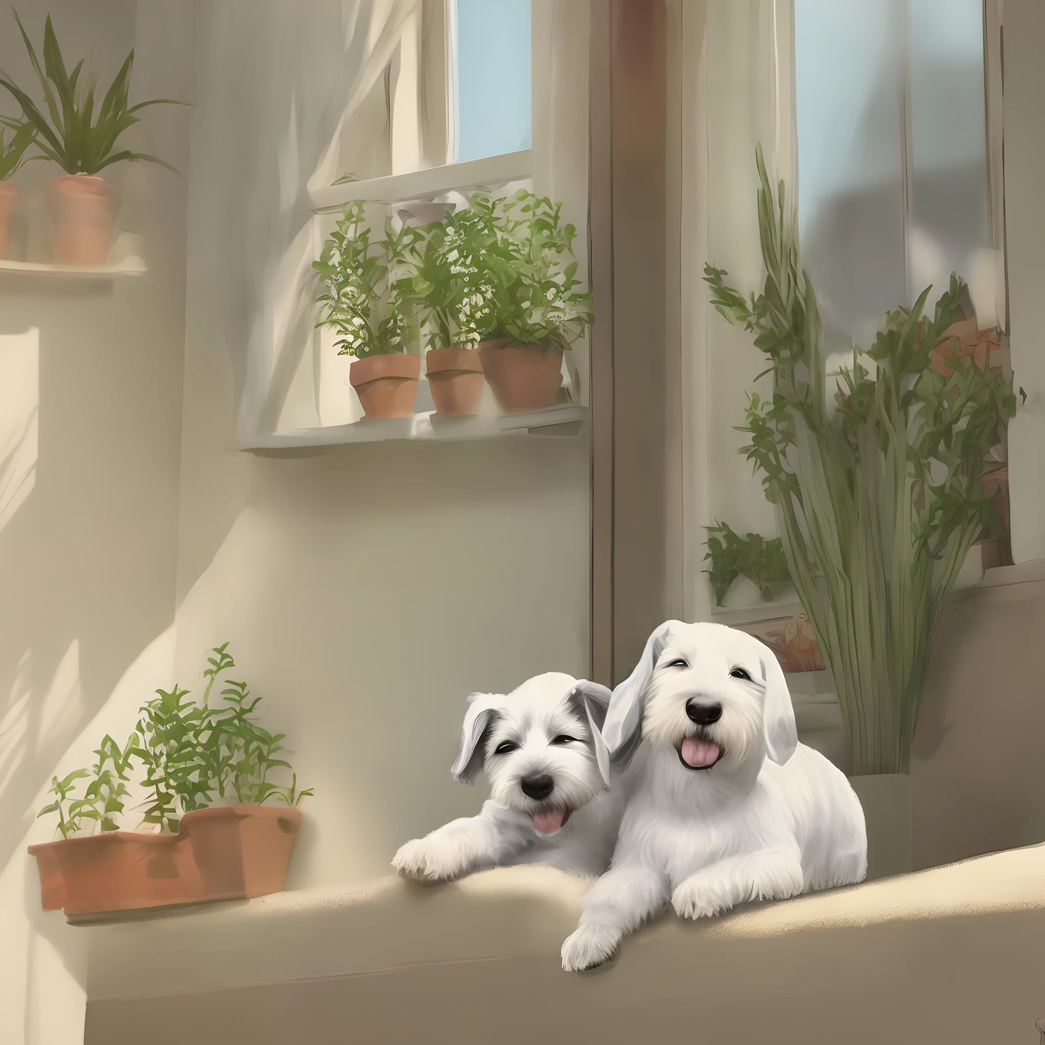 A Disney poster titled “Ollie” with a small white schnauzer, with brown in his elbows, sleeping in a tan windowsill. There should be green plants in the window behind the dog.