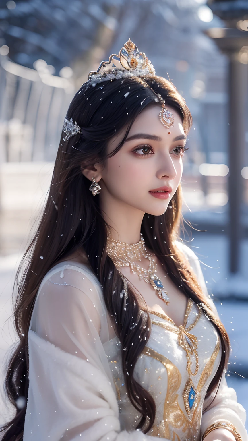 There was a woman in a golden dress，Wearing a necklace,((a beautiful fantasy empress).inspired Dipika Padukone，Azure.detailed hairs,winter snow falling princess,LCE Princess,Guvez-Steville artwork,8K)),fantasy aesthetic!.Guviz,Ice Queen,8k high-quality detailed art.