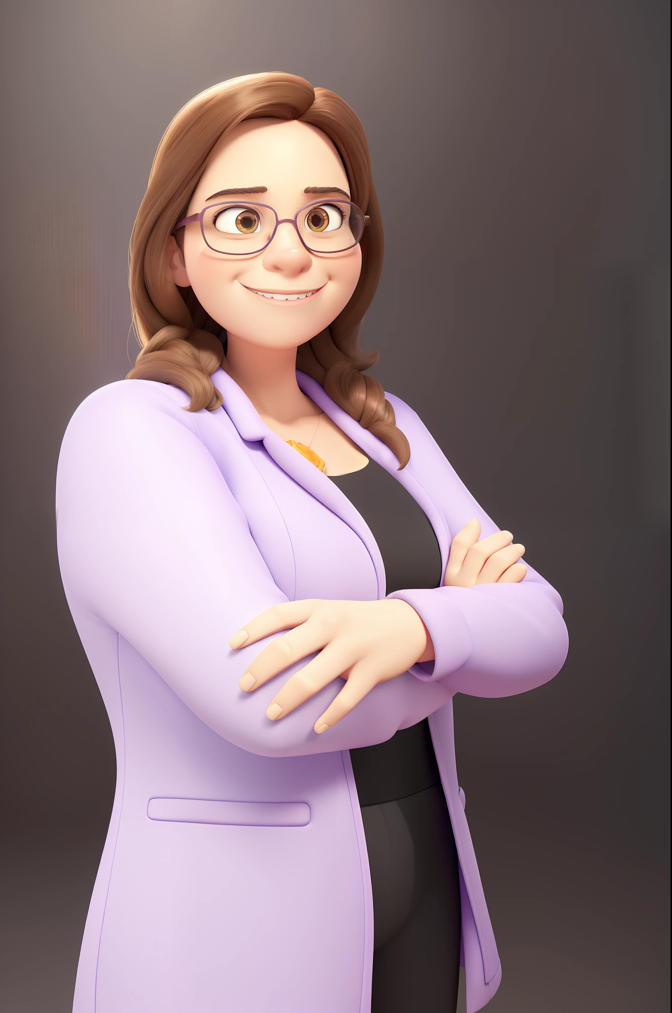 Smiling woman in purple jacket and glasses standing with arms crossed, Lorena Avarez, Magda Torres Gurza, fernanda suarez, Estefania Villegas Burgos, Mina Petrovic, Alanis Guillen, julia fuentes, by Amelia Peláez, Carola Rubio, Blanca Alvarez, Adriana DXIM, Valentina Embaralhamento, Karla Ortiz, be as faithful as possible to the original image, keep the features of the face as much as possible. 3D Animation Movie Poster, Poster de filme animado, pixar 3 d animation style, pixar renderman rendering, maia 8 mil, animated film, Disney Pixar Estilo 3D, Disney Pixar Animation Poster