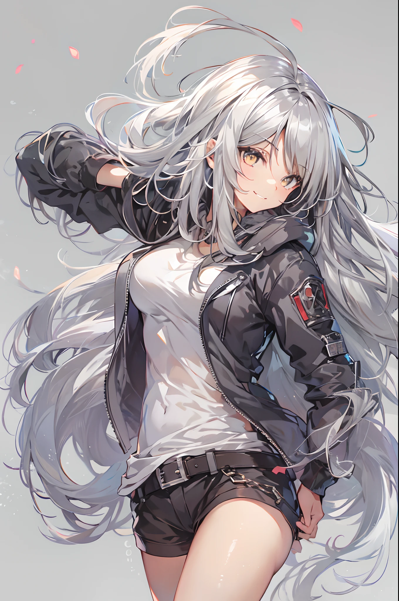 1girl, {solo}, upper body ,{{ {looking at viewer}}}, arm at side, concept art, white background, simple background, white hair, silver gradiient hair , complex cloth, asymmetrical clothes, virtual youtuber, best quality, masterpiece, dynamic angle, guilty gear, guilty gear, guilty gear, cowboy_shot, looking_back, grabbing, girl,woman,female, young,20 years old, very long hair, flipped hair, silver hair, flowing hair, ahoge, smirk, beautiful and delicate golden eyes, teeth, medium_breasts, blonde eyes, white skin, coat, hoodie, black_shorts, grey Clothes, transparent_background, backlighting, absurdres, highres, ultra detailed,