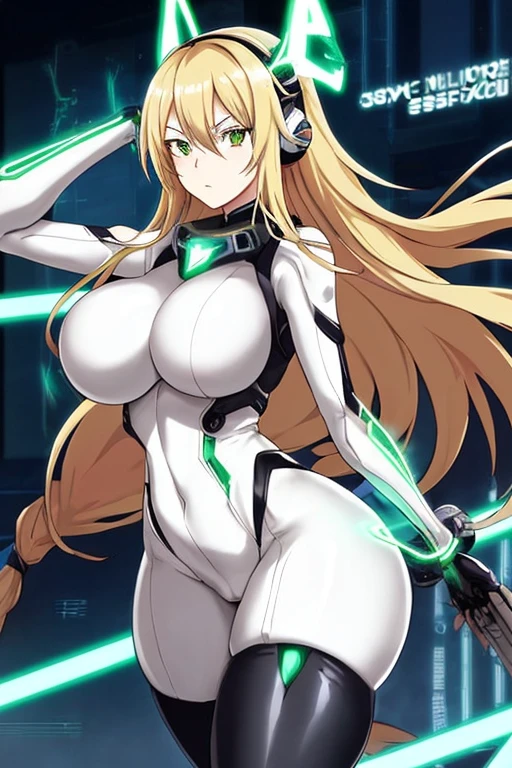 anime style, 2d, anime screencap, 1girl, blonde hair, long hair, futuristic, science-fiction, serious, white bodysuit, bodysuit, electricity, large breasts, big breasts, breasts, wide hips, thick thighs, pantyhose, green eyes, tech, thigh strap, hair ornament, ornament, headphones, headset, machinery, arm cannon