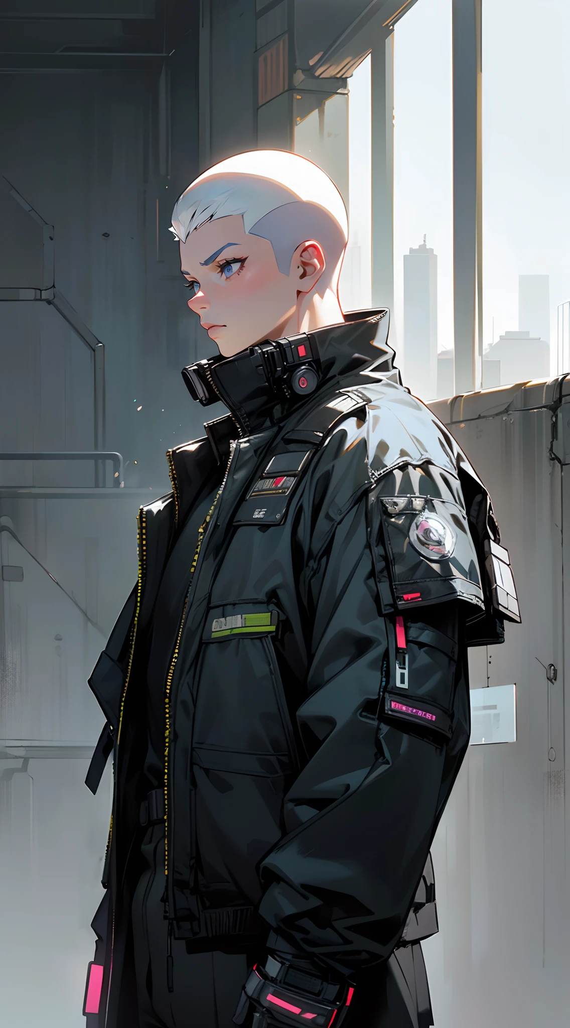 Handsome man , White hair , ((very Short hair:1.3)), ((crew cut hair style:1 )) , Blue eyes , light skin , ((muscular:1)),masculine ,((hair shaved on the sides:1.3)) ,age 28,

standing in front of a building, wearing techwear and armor, photograph of a techwear, all black cyberpunk clothes, cyberpunk outfit, cyberpunk style outfit, wearing japanese techwear, wearing cyberpunk streetwear, cyberpunk streetwear, cyberpunk anime girl, cyberpunk clothes, cyberpunk outfits, techwear fashion, wearing space techwear, cyberpunk fashion clothing,

(masterpiece, best quality )detailed, 1Character ,  pastel washed out colors , cell shade , soft, muted shades ,gentle colors ,