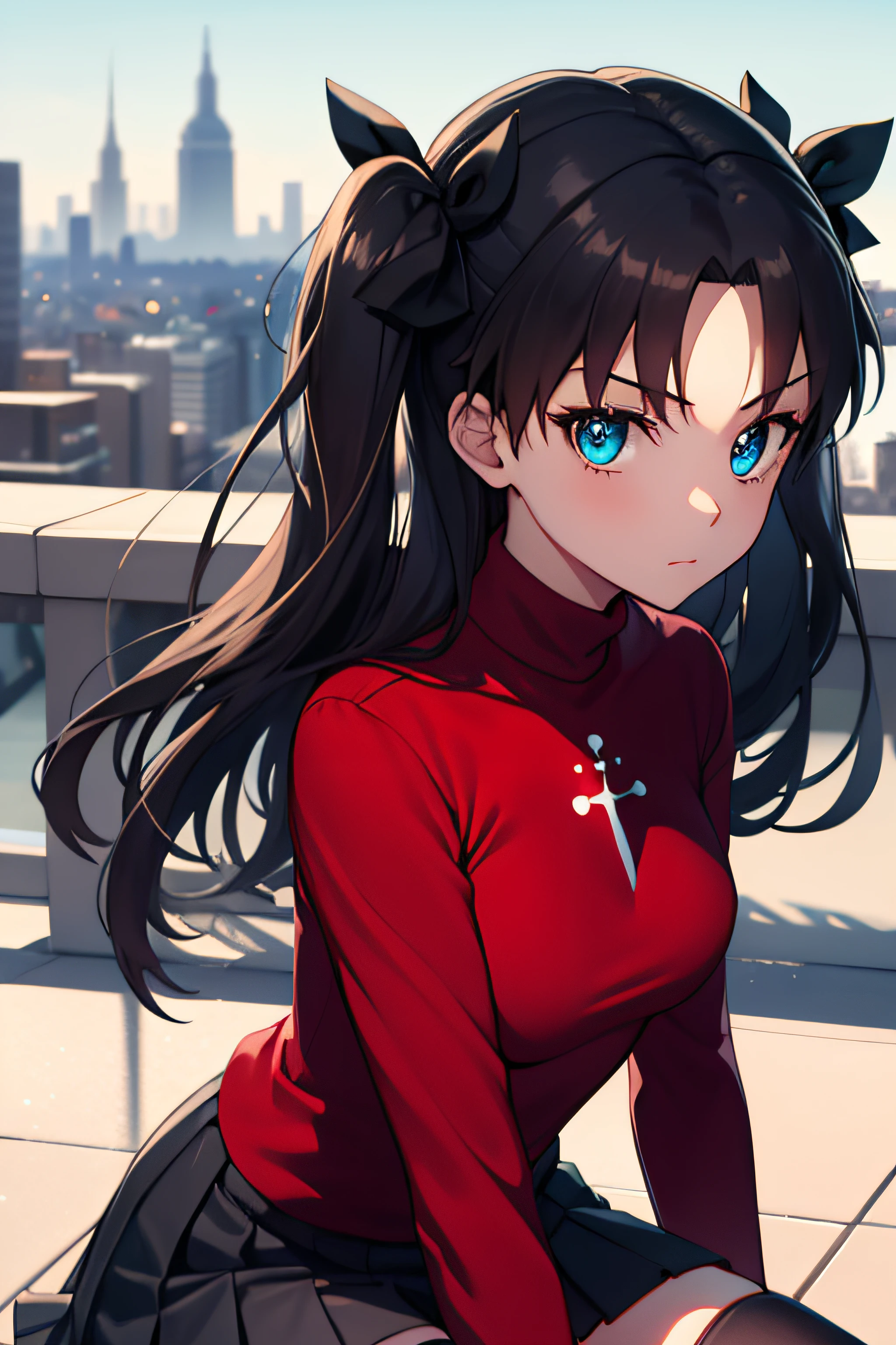 (masterpiece), best quality, expressive eyes, perfect face, 1girl, solo, rintohsaka, rin tohsaka, aqua eyes, black hair, hair ribbon, long hair, ribbon, sidelocks, two side up, black skirt, black thighhighs, long sleeves, miniskirt, pleated skirt, ((red sweater)), skirt, sweater, thighhighs, turtleneck, city background, sitting, character sheet, upper body, portrait, looking at viewer