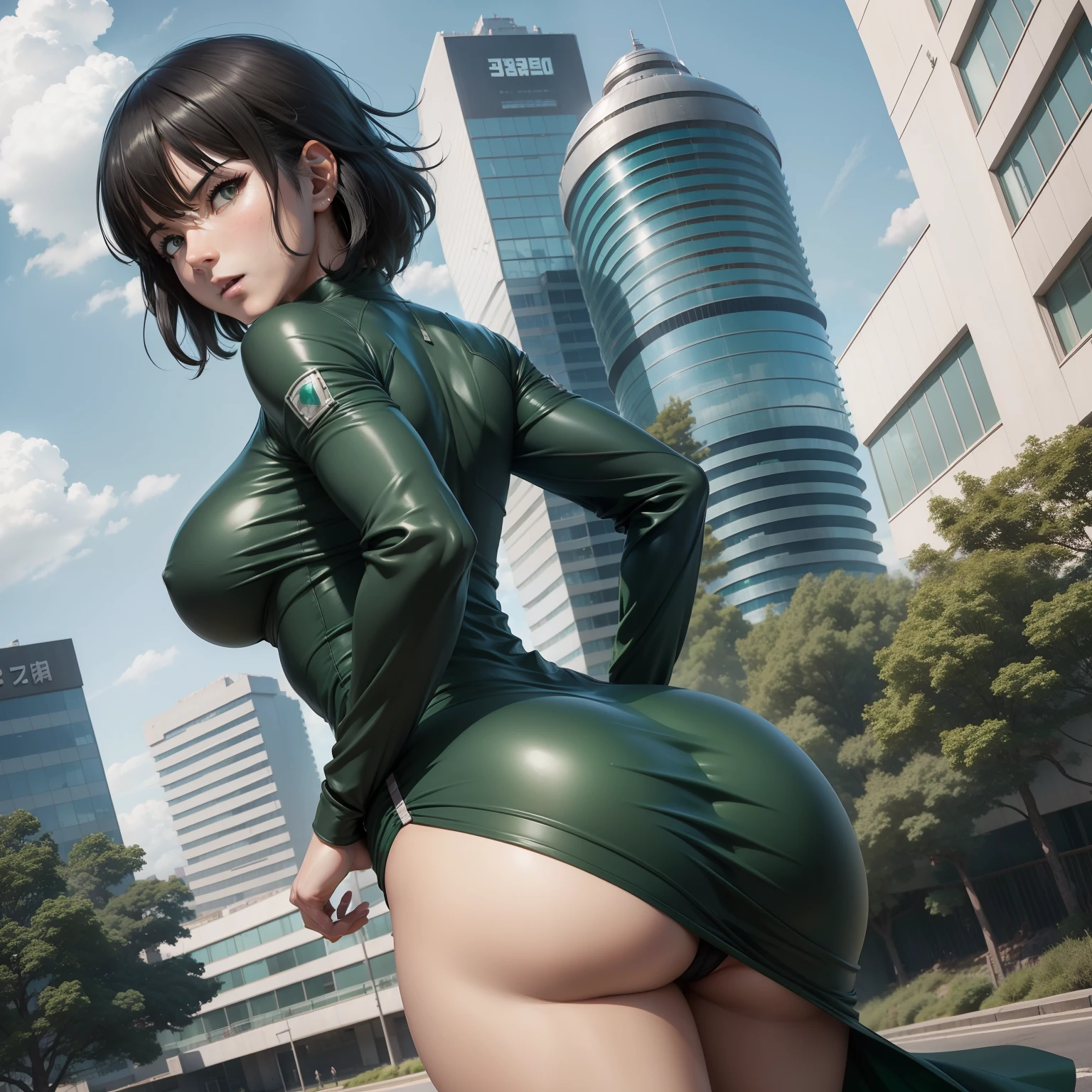 Fubuki in one punch man. Sexy. Green. Storm. Flying. Blue sky. Building, butt facing camera, back view, tight dress