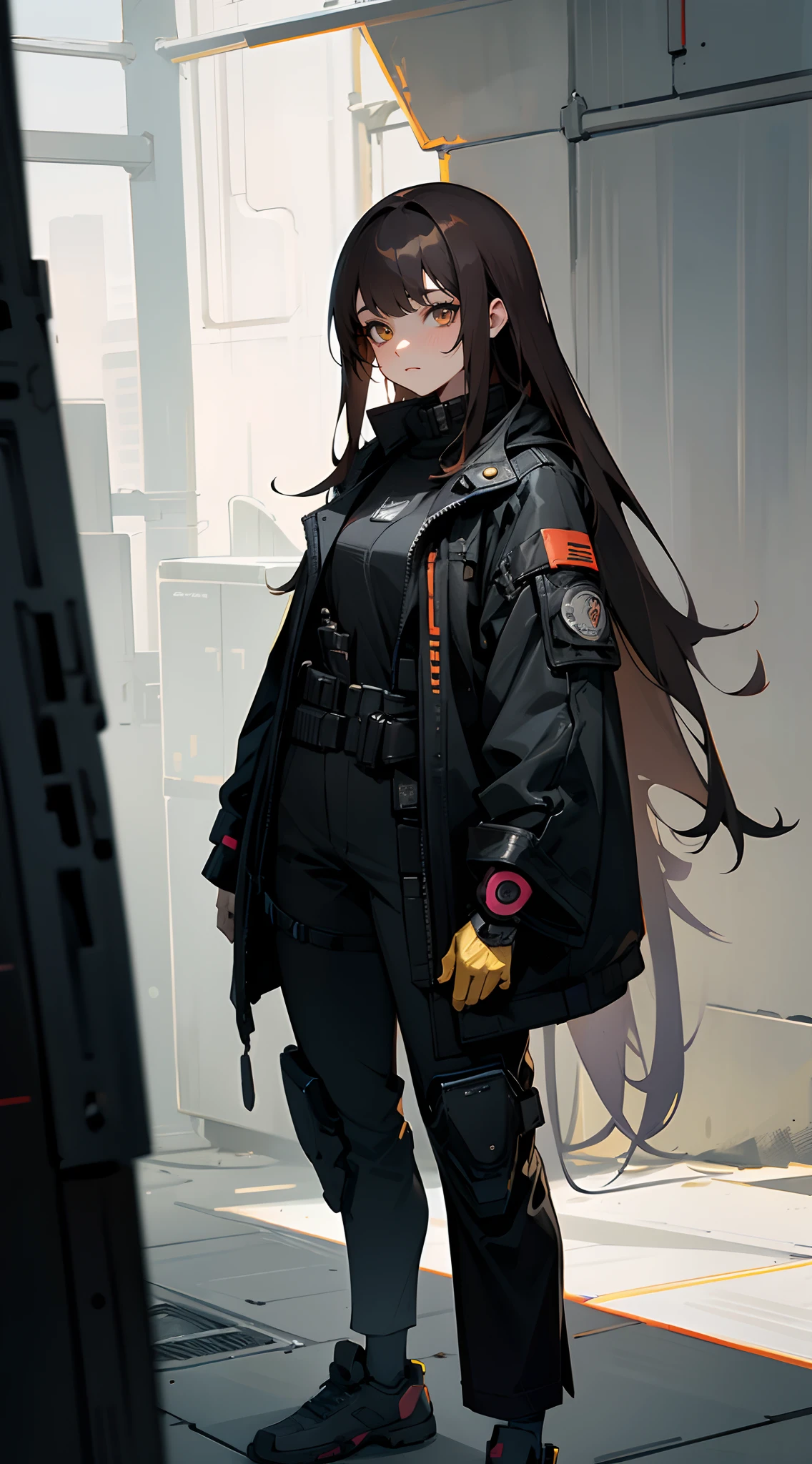 Beautiful woman , very long hair , dark brown hair , gold eyes , lean body ,  expressive  eyes, petite figure, age 26, 

standing in front of a building, wearing techwear and armor, photograph of a techwear, all black cyberpunk clothes, cyberpunk outfit, cyberpunk style outfit, wearing japanese techwear, wearing cyberpunk streetwear, cyberpunk streetwear, cyberpunk anime girl, cyberpunk clothes, cyberpunk outfits, techwear fashion, wearing space techwear, cyberpunk fashion clothing,

(masterpiece, best quality )detailed, 1Character ,  pastel washed out colors , cell shade , soft, muted shades ,gentle colors ,