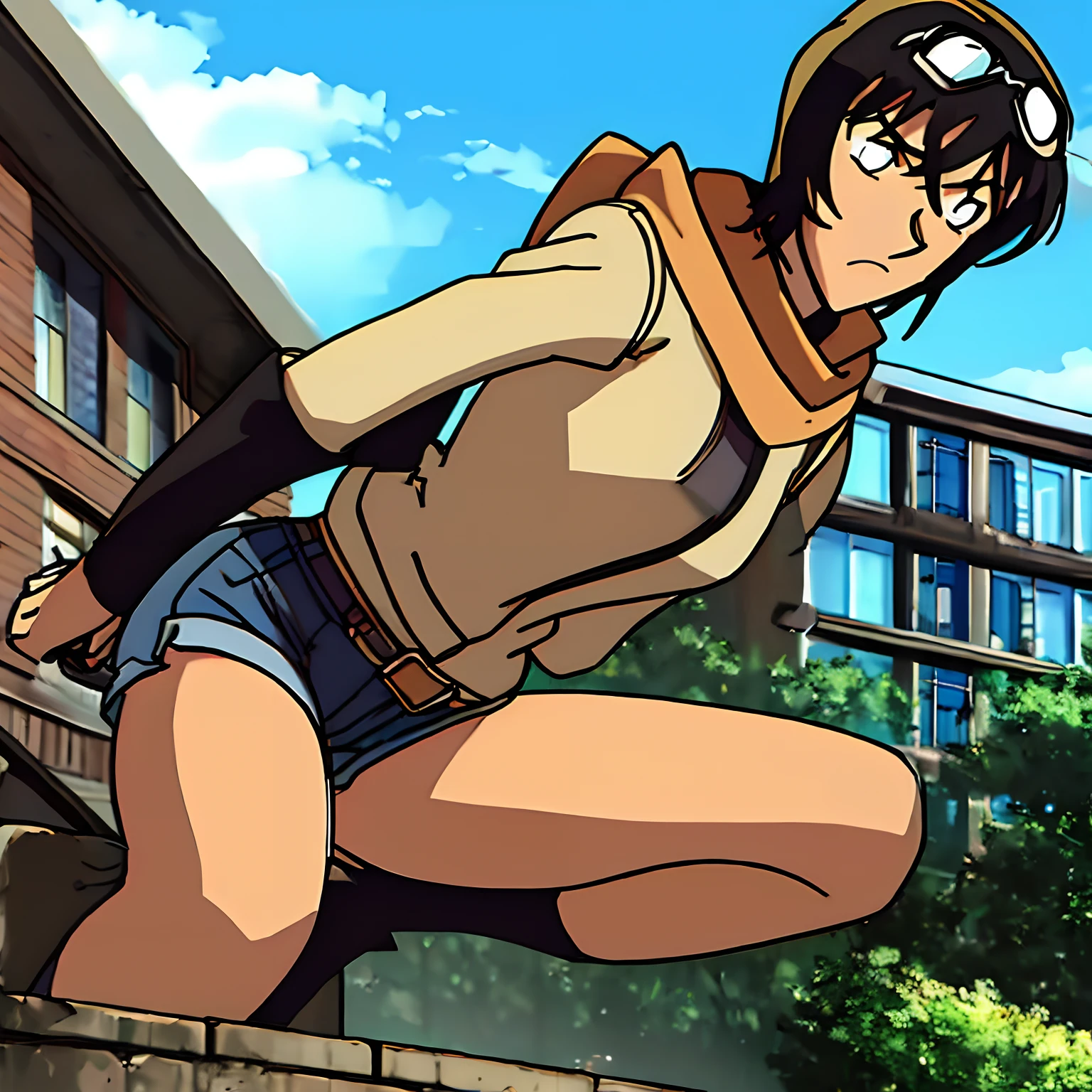 (masterpiece, best quality:1.2),illustration,8k,hd,city,1womam,solo,cowboy shot,gloves,goggles,Black hair,goggles on head,one side up,boots,jacket,socks,scarf,yellow eyes,short shorts,shirt,black shorts,belt,bandaid on leg,white shirt,bangs,sleeves rolled up,very long hair,bandaid on knee,