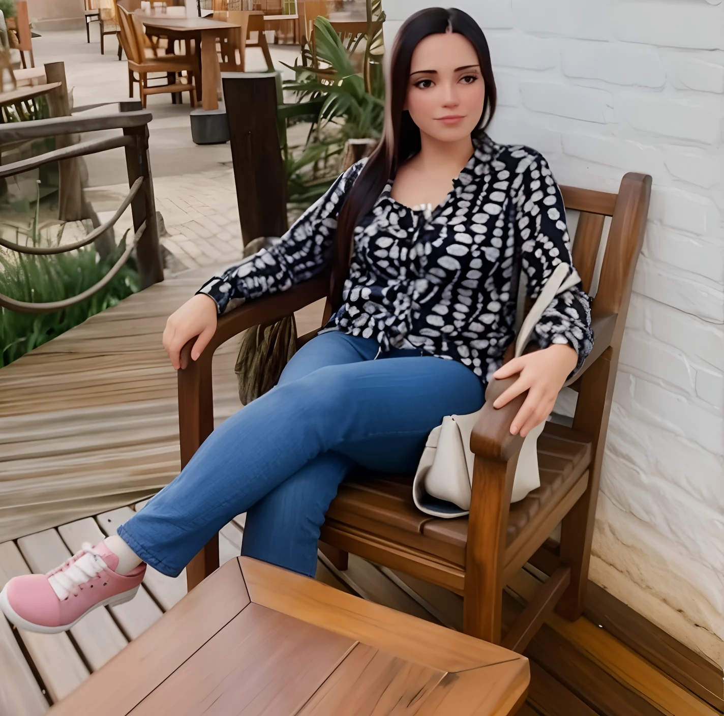 Woman sitting on a wooden chair in a patio area, Directed by: Nandor Soldier, imagem de perfil, foto de perfil, sentar-se casualmente, sentado em uma mesa, Fotografia tirada em 2 0 2 0, Lorena Avarez, sentado em uma mesa cor de mocha, Alanis Guillen, sentado em cadeira de madeira, Marischa Becker, Directed by: Myra Landau
