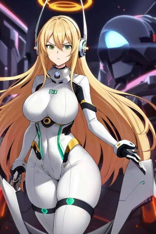 anime style, 2d, anime screencap, 1girl, blonde hair, long hair, futuristic, science-fiction, serious, white bodysuit, bodysuit, large breasts, big breasts, breasts, wide hips, thick thighs, pantyhose, green eyes, tech, thigh strap, hair ornament, ornament, headphones, headset, machinery, arm cannon