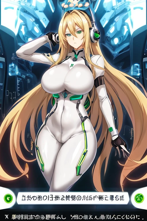 anime style, 2d, anime screencap, 1girl, blonde hair, long hair, futuristic, science-fiction, serious, white bodysuit, bodysuit, large breasts, big breasts, breasts, wide hips, thick thighs, pantyhose, green eyes, tech, thigh strap, hair ornament, ornament, headphones, headset, machinery, arm cannon