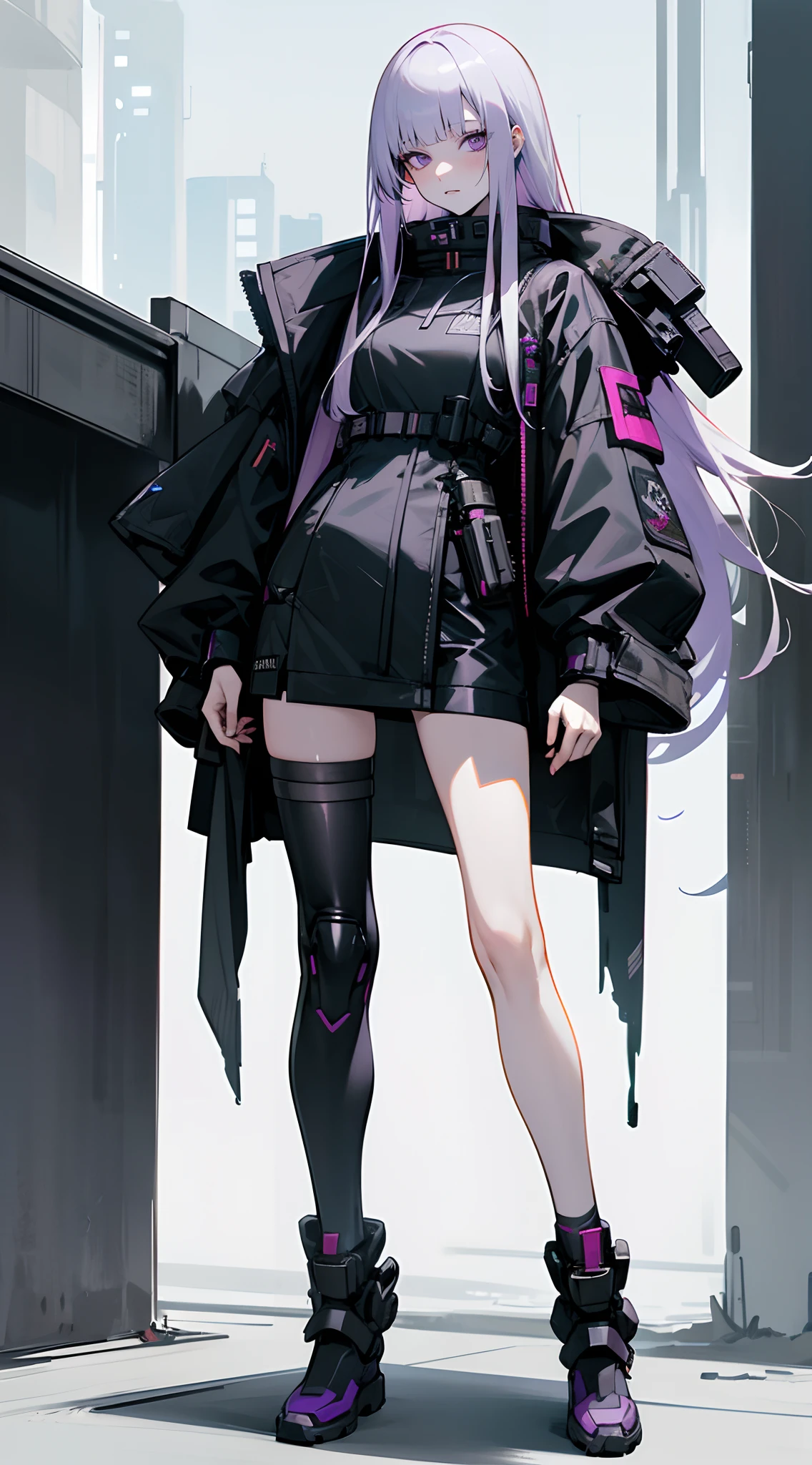 Beautiful woman , extremely long hair,pale skin , purple eyes , blunt bangs , very straight hair , slender build , silver hair , slender eyes , ,age 40,

standing in front of a building, wearing techwear and armor, photograph of a techwear, all black cyberpunk clothes, cyberpunk outfit, cyberpunk style outfit, wearing japanese techwear, wearing cyberpunk streetwear, cyberpunk streetwear, cyberpunk anime girl, cyberpunk clothes, cyberpunk outfits, techwear fashion, wearing space techwear, cyberpunk fashion clothing,

(masterpiece, best quality )detailed, 1Character ,  pastel washed out colors , cell shade , soft, muted shades ,gentle colors ,