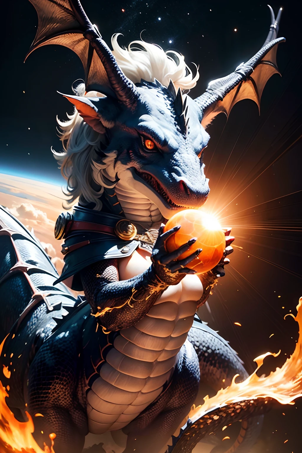 Portrait mode: Create a hyper-realistic image of a dragon in space holding the sun --auto