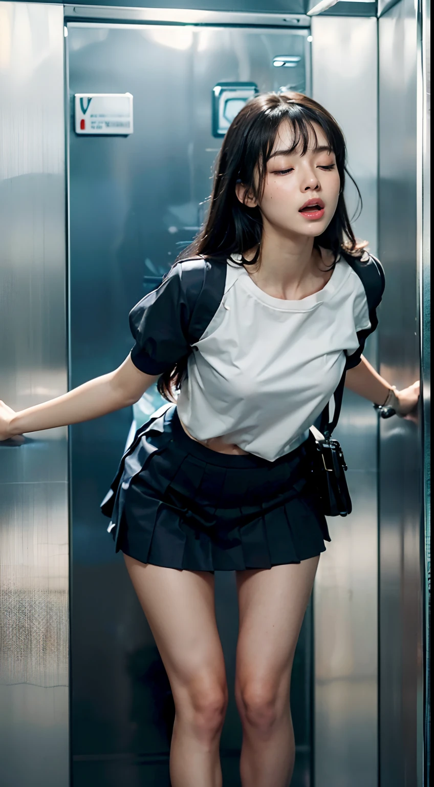 (((Dressing:1.8))), (((Leaning forward:1.8, Kneeling:1.8, Squat:1.8, Touch the crotch with your hand:1.8))), (((Eyes closed:1.8, Open mouth:1.8))), (((Trembling girl:1.8, Drooling:1.5, pee:1.8))), ((Dressing:1.8, shool uniform:1.8, Pleated mini-skirt:1.8)), (In the elevator:1.8), 1girl in, 18year old, 7headed body, Ideal ratio body proportions, erectile nipple, Medium Hair, A dark-haired, With bangs, small tits, A slender, Small buttocks, beauty legs, Skinny Legs, surrealism, Cinematic lighting, depth of fields, One-person viewpoint, F/1.8, 135 mm, nffsw, masutepiece, ccurate, ((Anatomically correct:1.3)), Textured skin, Super Detail, high details, High quality, awardwinning, Best Quality, hight resolution, 8K