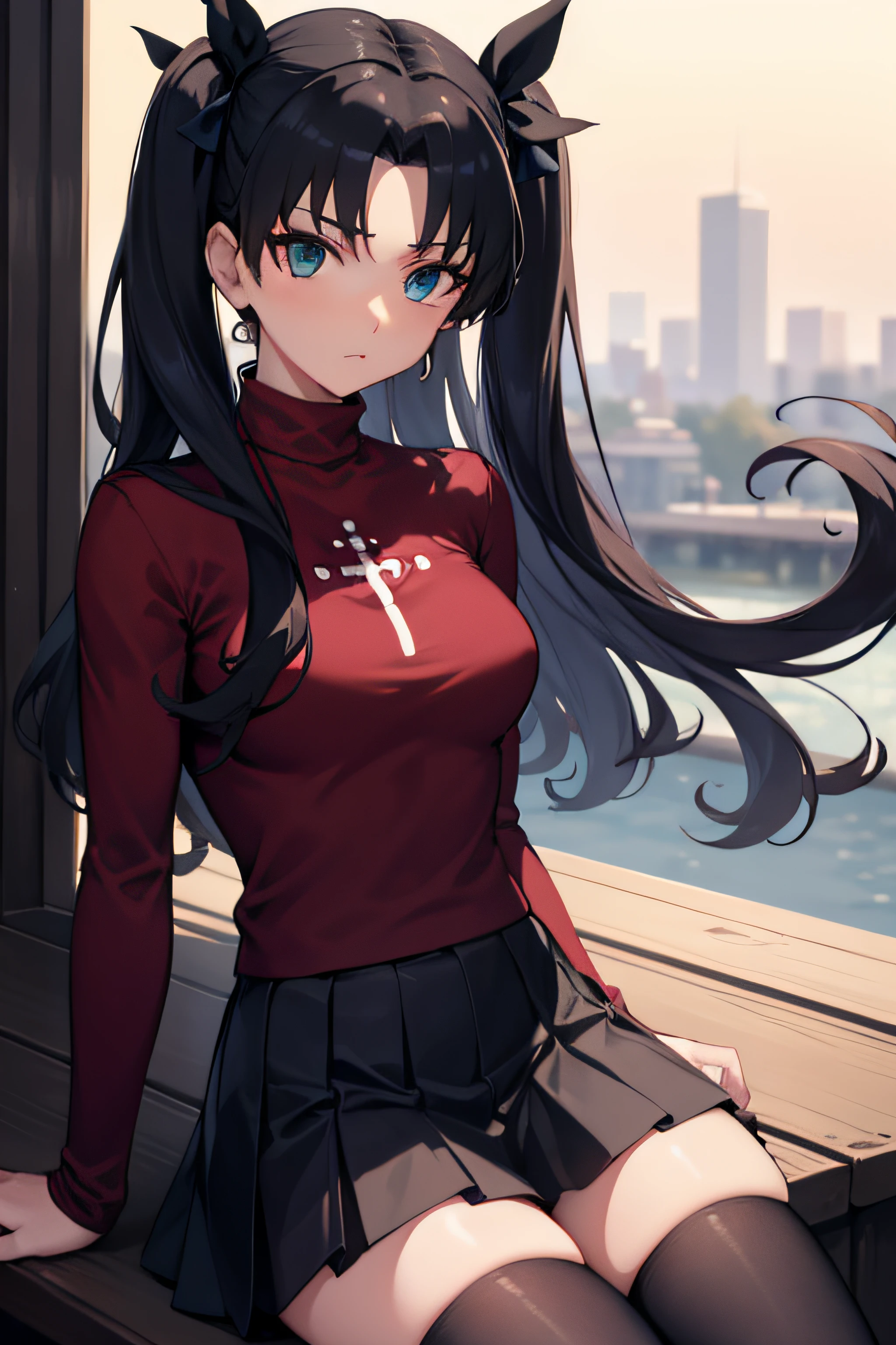 (masterpiece), best quality, expressive eyes, perfect face, 1girl, solo, rintohsaka, rin tohsaka, aqua eyes, black hair, hair ribbon, long hair, ribbon, sidelocks, two side up, black skirt, black thighhighs, long sleeves, miniskirt, pleated skirt, ((red sweater)), skirt, sweater, thighhighs, turtleneck, city background, sitting, character sheet, upper body, portrait, looking at viewer