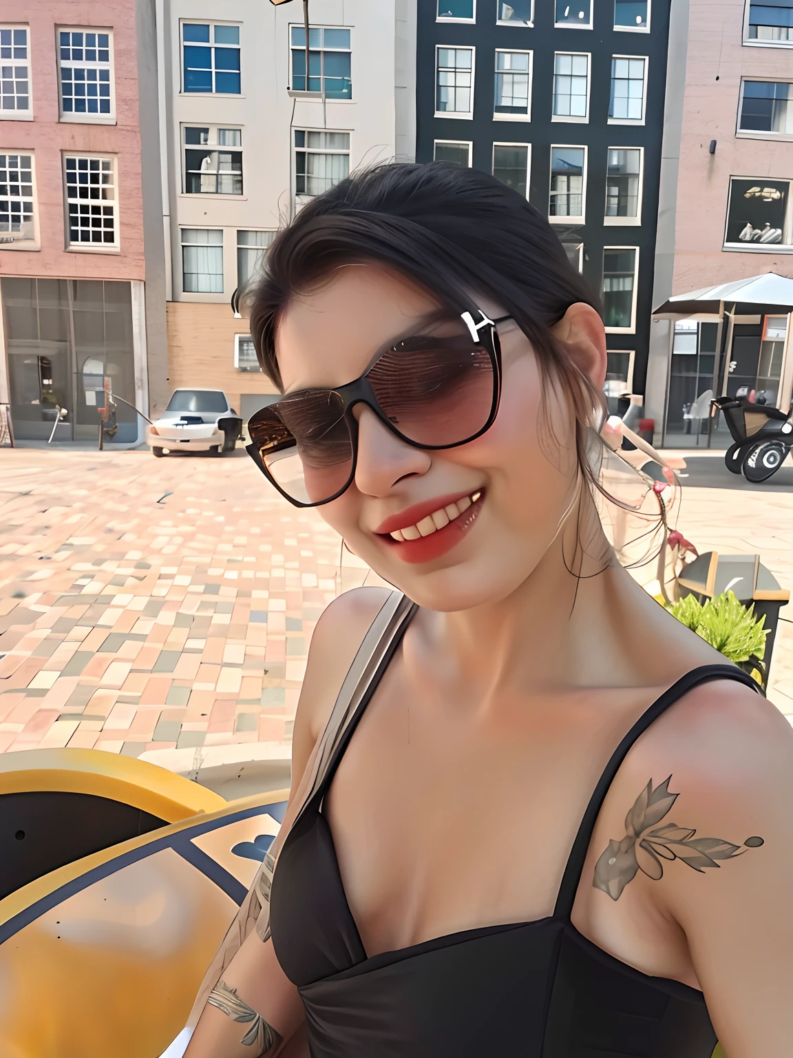 Smiling woman in black dress with tattoo on arm and sunglasses, 3 0 anos de idade mulher, Mulher de 30 anos, 3 2 anos, Tifa Lockaert, 2 9 anos, 3 6 anos, 38 anos, 2 8 anos, selfie de uma jovem mulher, 2 7 anos, Hora do dia ensolarado, 3 5 anos