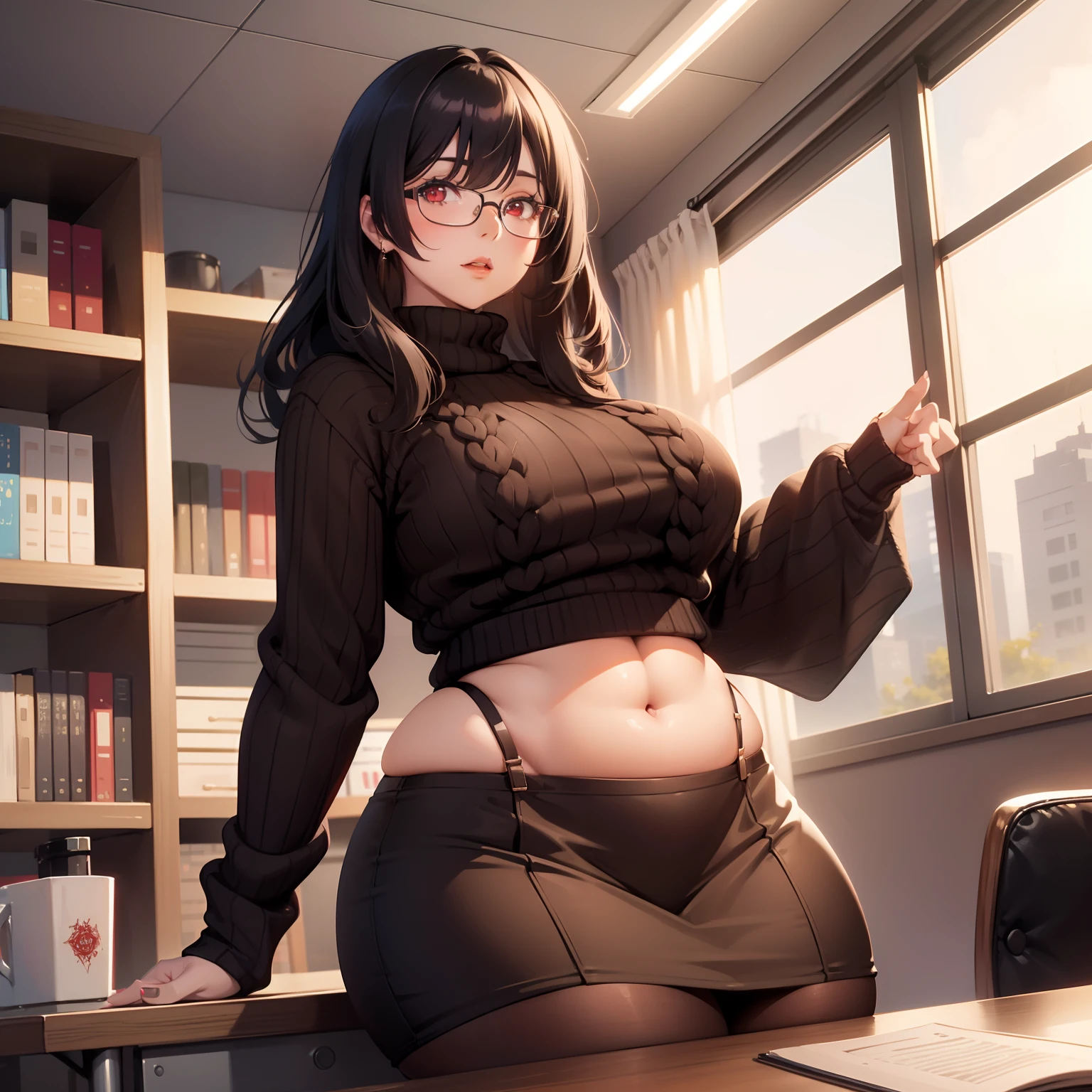 (((Solo))) Woman with long messy spiky black hair and bangs, ((red eyes)), ((wearing a oversized sweater)), ((wearing a brown skirt)) character is in a library, bookshelves, (mature woman Janet), ((large chest)), curvy hips, long legs, detailed eyes, (((mature woman))), milf, ((full lips)), sparkling eyes, seductive pose, sexy face, (beautiful lighting), beautifu, hands on chest, (glasses), stockings, (chubby), ((curvy)), sitting at a desk