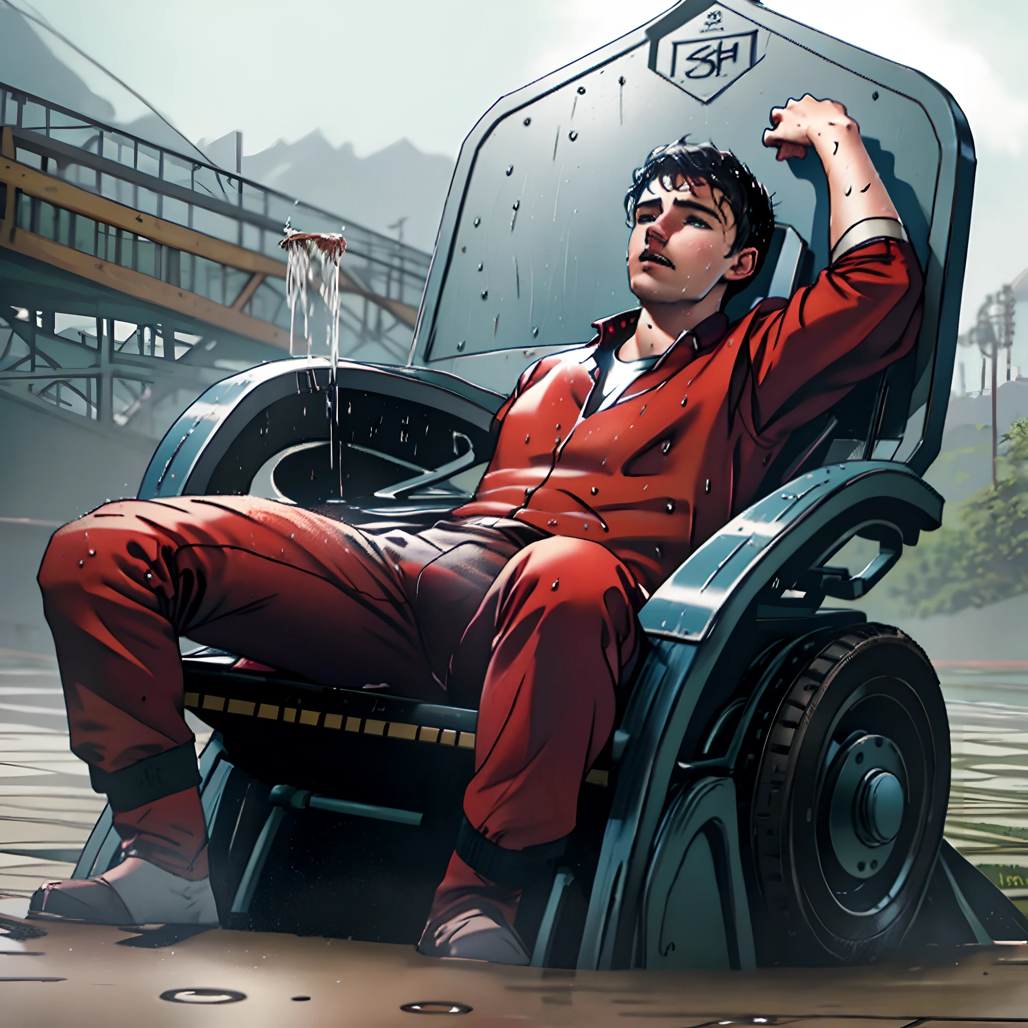 a realistic image of Josh Hutcherson sitting and leaning back in a chair moaning , all soaking wet.