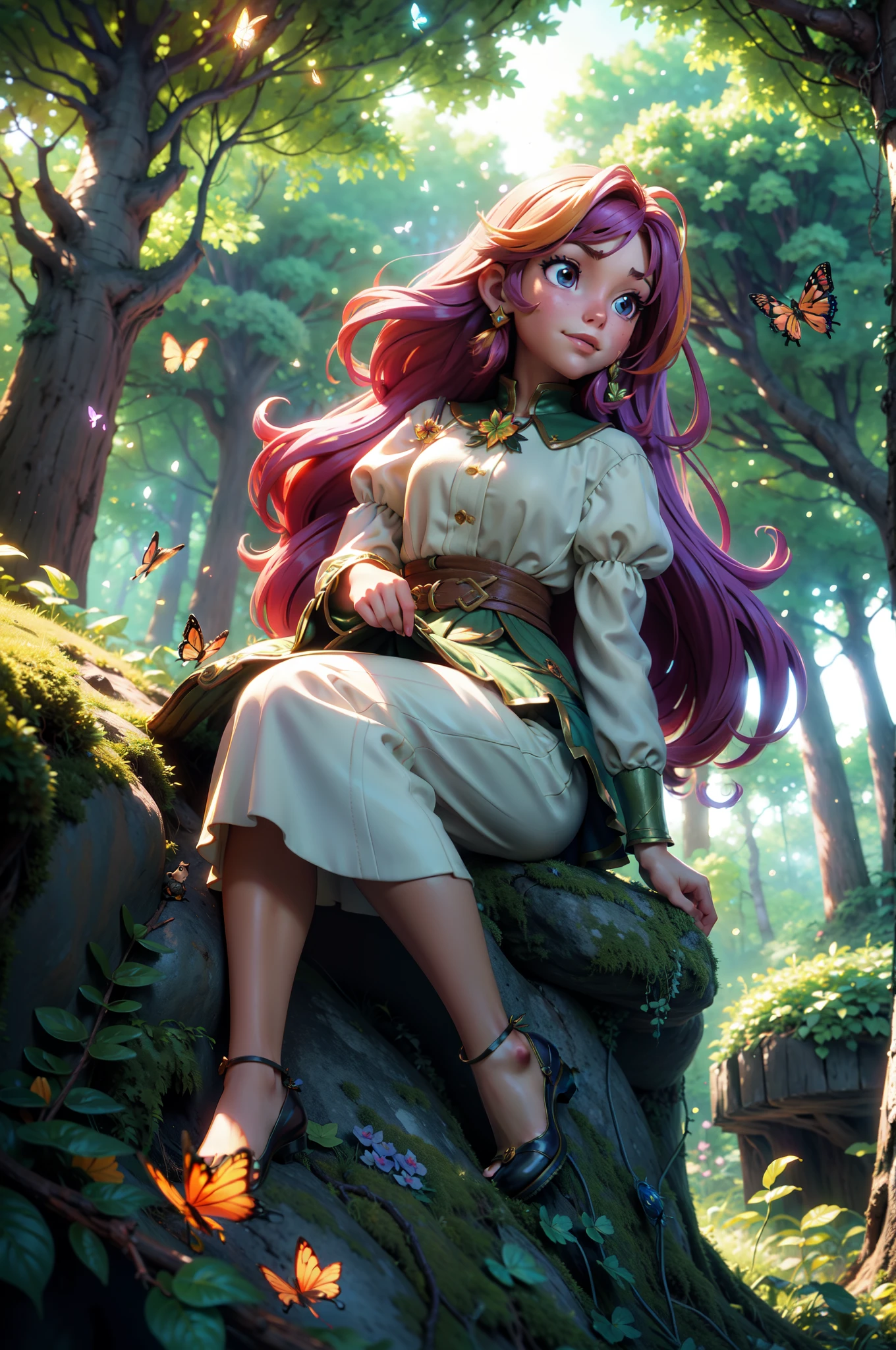 Masterpiece in maximum 16K resolution, with the anime style emphasizing a dynamic 3D perspective.  |  A beautiful girl with long hair, dressed as a guild adventurer, sits on a rock in a stunning forest.  With a happy and surprised expression, her head is tilted and she interacts with colorful butterflies.  |  The scenery includes sparkling leaves, vibrant flowers and fireflies in the foreground, with bushes, grasses, luminous trees and squirrels in the midground.  |  Three-dimensional composition, with cinematic lighting and elements such as sparkles, softness and particles add dynamism.  A capture of a beautiful girl in a nature scene.