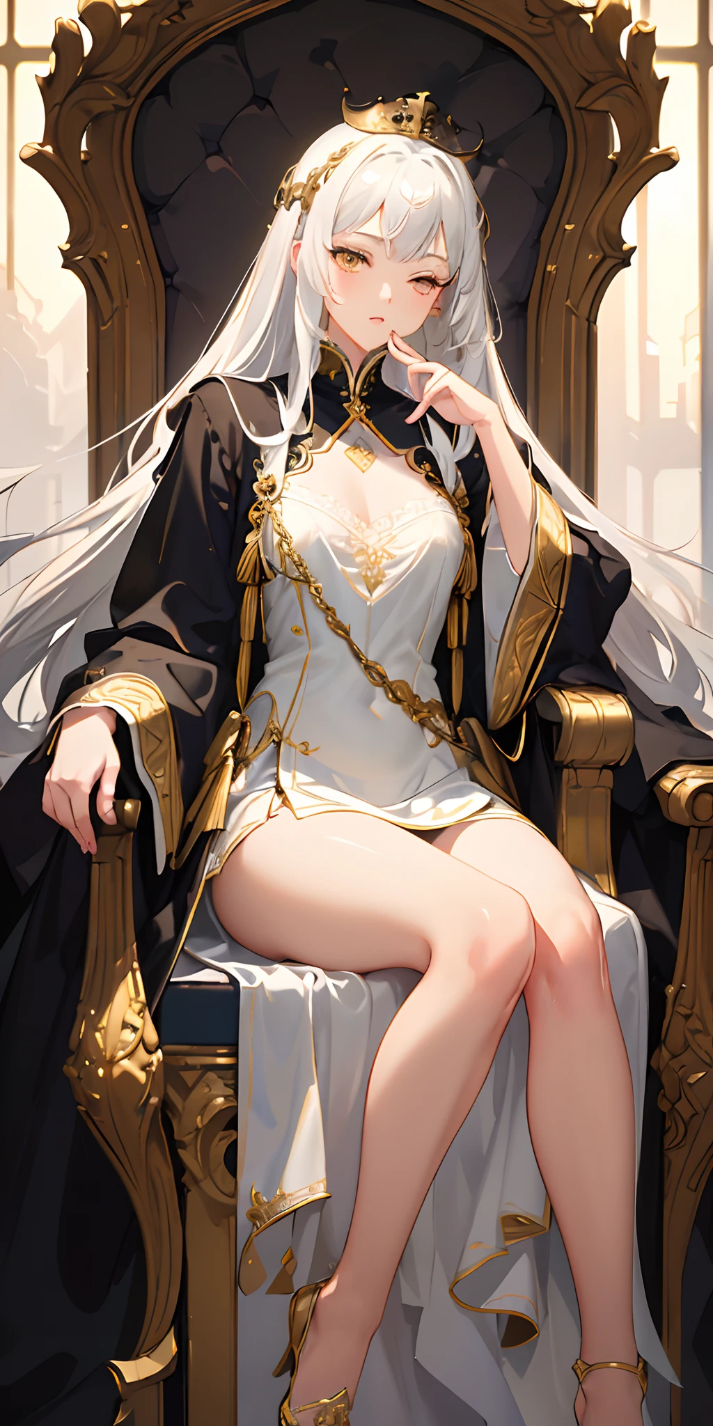 masterpiece, ultra detailed, 8K Portrait, Raw photo, a portrait photo of, Highly detailed face, beautiful and meticulous eyes, ((Fantasy)), beautiful woman, (((expressionless))), (((Mature look))), (((goddess))), tall, extra long blond messy hair, gentle face, (((skin as white as pearl))), (((white silk long cloak))) Fluttering in the wind, (((golden staff))), bare foot, Midday Sun, Hyper realistic, Body model, medium breasts, Beautiful breasts, Long legs, in heaven, lie down on the couch, Ambient lighting, Shadow details, Camera focus on face, strong breeze, Light fog