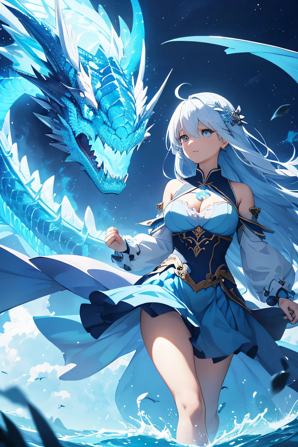 beste-Qualit、шедевр、A beautiful girl dressed in blue clothes reminiscent of a blue dragon、Large blue dragon of top quality behind