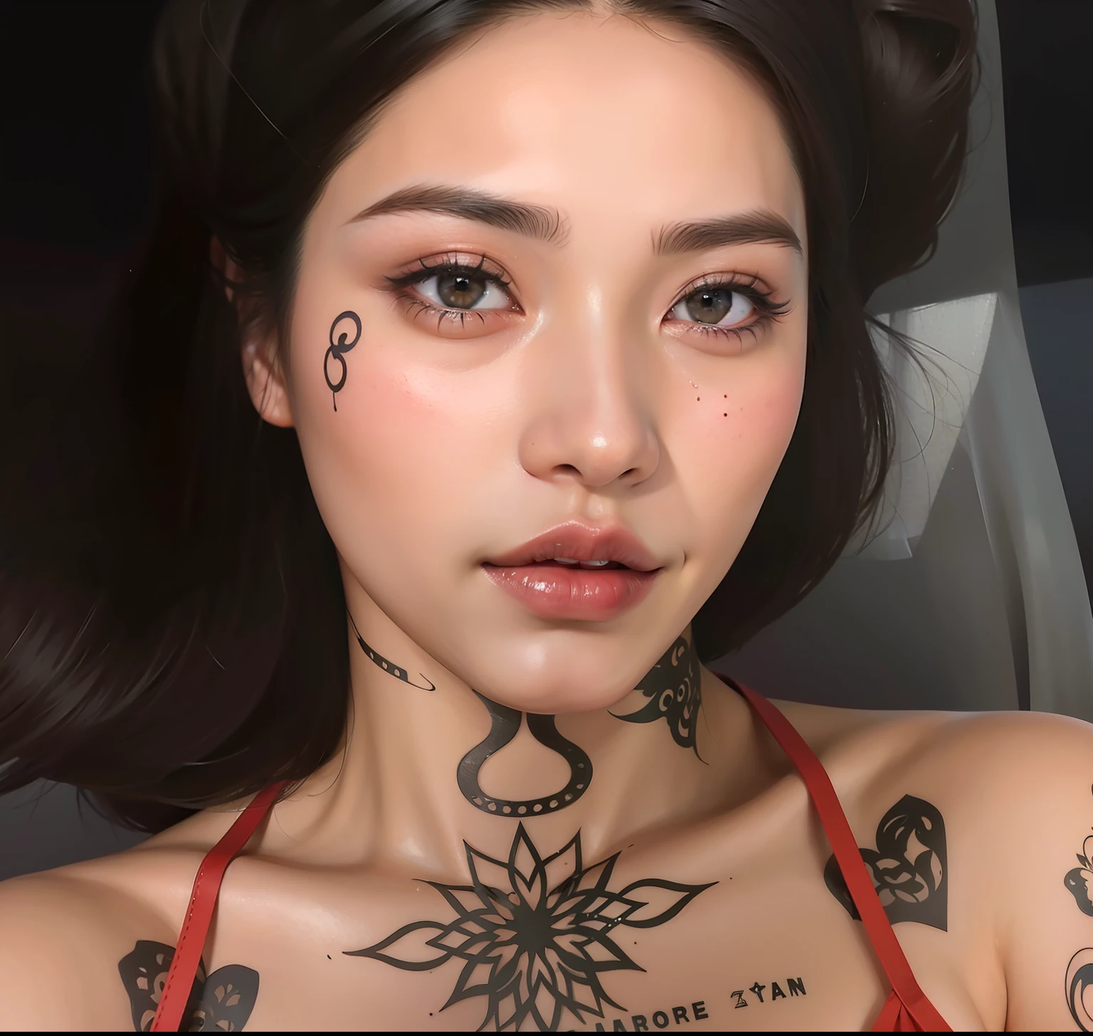 There's a woman with a tattoo on her chest and neck, de menina taiwanesa com tatuagens, com tatuagem facial, rosto sexy com maquiagem completa, marcas no rosto, gorgeous chinese model, detailed face of a asian girl, korean symmetrical face, Coberto, Asian face, tatuagens faciais, com tatuagens, sexy look at the camera, rosto tatuado