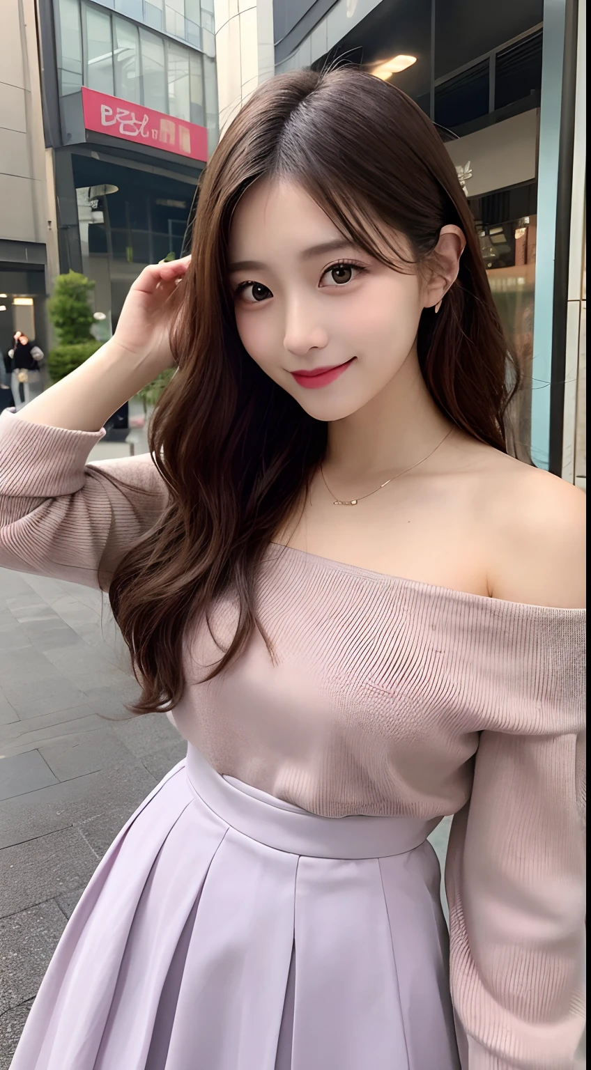 hight resolution, top-quality, Perfect dynamic composition, Beautiful detailed eyes, off shoulders、Radiant hair、Medium Hair, Natural Color Lip, Harajuku、A slight smil、skirt by the、Looks like