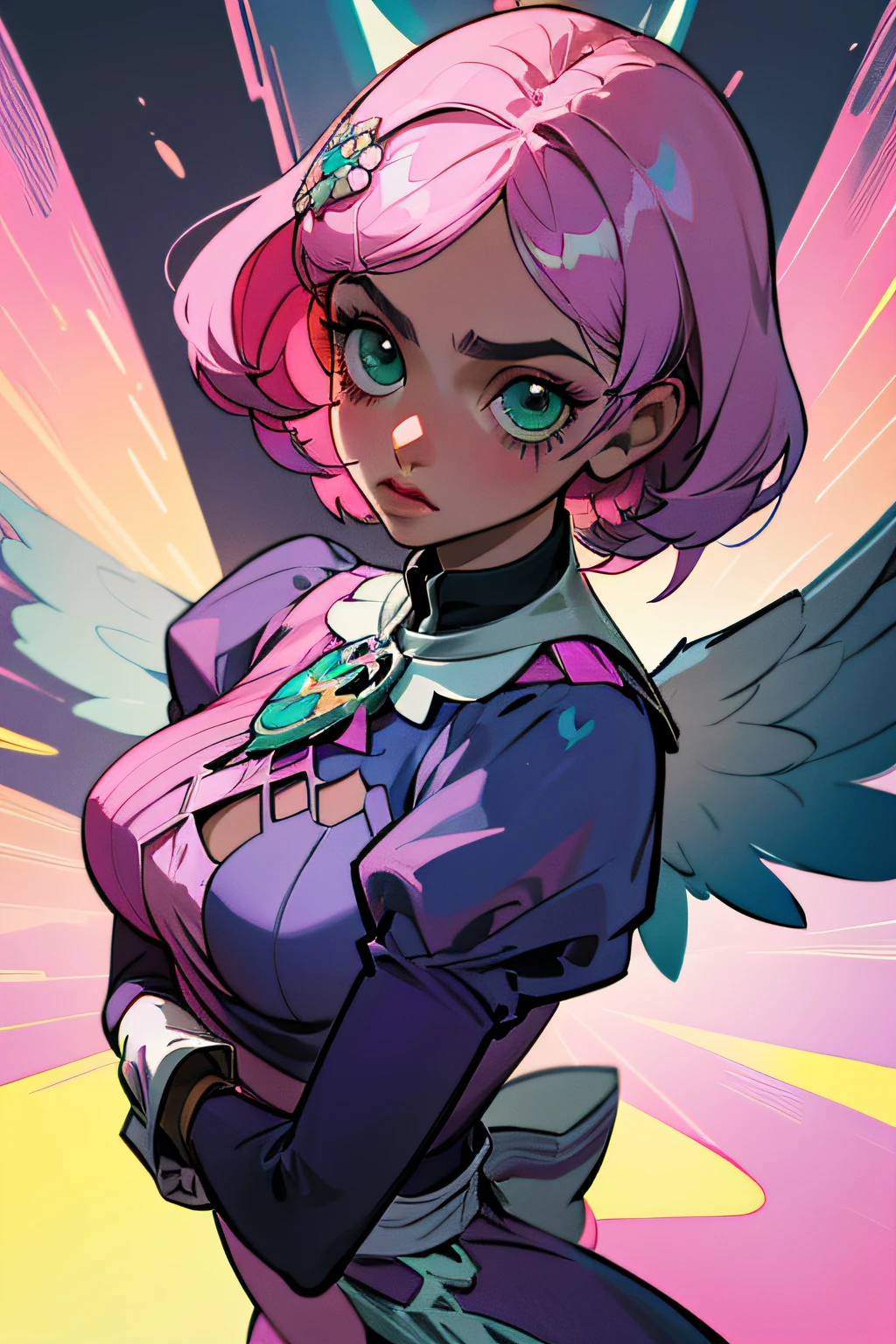 Alisa bosconovitch androide de origem russa, iris dos olhos cintilantes verdes, melhor qualidade, contemporary, estilo plano, minimalismo, Green Eyes Flat Illustration, cabelo rosa, cabelo curto, cabelos multicoloridos, Camisa Preta, mechanical wings, Head Portrait Close-U, peito pontudo, decote, super decote, middlebreasts, Tekken, cabelo rosa pastel, 1girl, em quimono, hand-painted, Desenho de linha sem cor, colorida do yandere pastel, Tekken, Super cute pink hair girl with gothic makeup on the side, figura esbelta, robusto, He sat on the floor, cabelos muito curtos, com orelhas de gato, quadratic element, kawaii cor-de-rosa na roupa da era de 1910, Alisa Bosconovich pink lips, no estilo da paleta de cores suave aurorapunk, an anime illustration of his face, gifs animados, hand drawn animation, charming sketches, suave e brilhante, romantismo nebuloso, Estilo Superflat, perspective, close-up, rotated, from side, from above, cut-in, atmospheric perspective