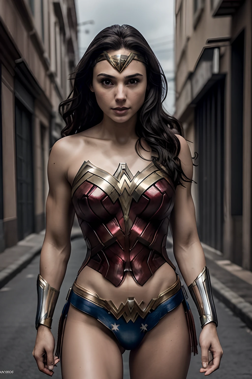 impressionante RAW uma foto de Gal Gadot Wonder Woman, no Wonder Woman bra and no Wonder Woman-style panties, nua, abdome muscular, muscular arms, pernas musculosas, Pele delicada hiper-realista, Caminhando pelas ruas da cidade, Imagem tirada com a lente Canon R5 35mm F/5.6 --AR 69:128--estilo cru