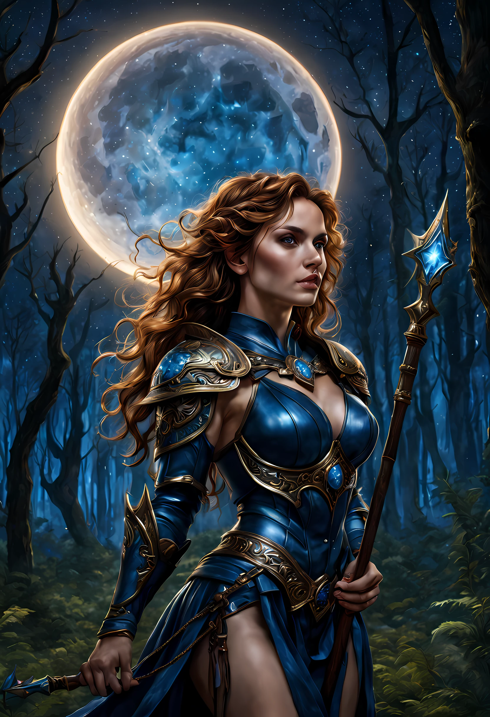 magv1ll high details, best quality, 16k, absurdres [ultra detailed], masterpiece, best quality, (extremely detailed), dynamic angle, ultra wide shot, photorealistic, ((fantasy art)) ((larry elmore style)), dnd art, rpg art, realistic art, female human druid of the stars, guardian of nature, controlling magical energy made of stars, swirling blue stary magical light, divine symbols (1.5 intricate details, Masterpiece, best quality, absurdres), human female,  extremally beautiful, ultra feminine, dynamic hair, dynamic hair color, wearing leather armor, holding a staff, moon light, stars, dynamic natural background,  RPG art, magical atmosphere magic-fantasy-forest, ultra best realistic, best details, best quality, absurdres, 16k, [ultra detailed], masterpiece, best quality, (extremely detailed), ultra wide shot, photorealism, depth of field, hyper realistic painting, 3D rendering