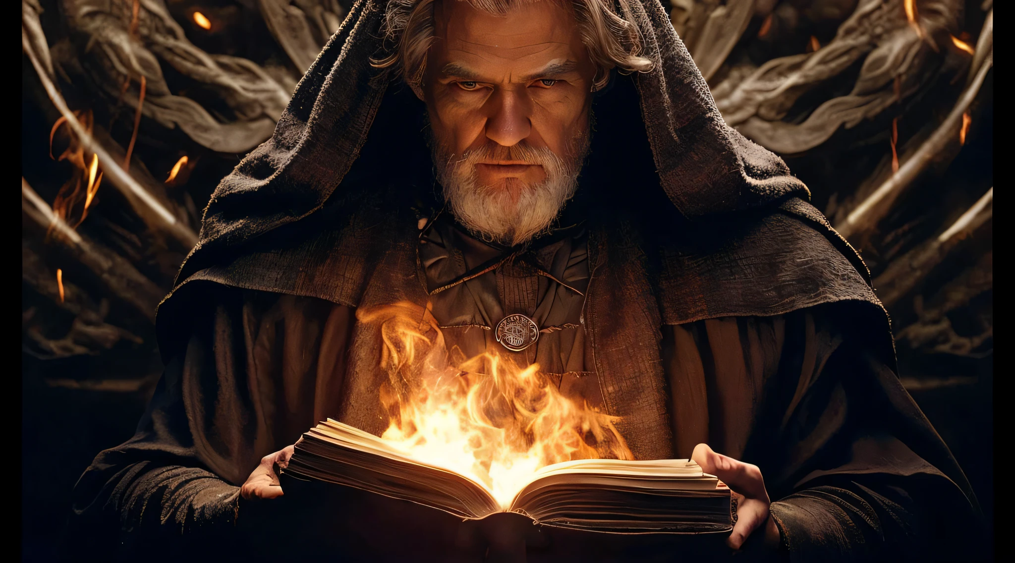um close up de um homem segurando um livro com um fogo nele, Travis Fimmel como um Mestre Jedi, Willem Dafoe como um Lorde Sith, Velho Mestre Jedi, Christopher Lloyd como Belial, wizard reading a directory, Obi Wan Kenobi, Obi-Wan Kenobi, Sean Connery como Gandalf, Mestre Jedi, Donald Trump como um Jedi,Velho, Antigo, Mago, Cabelos Brancos, olhos brilhantes, Barba comprida, Sentado em uma caverna, Reading a magical book, sozinho, ultra realista, detalhado, Melhor Qualidade, Full HD