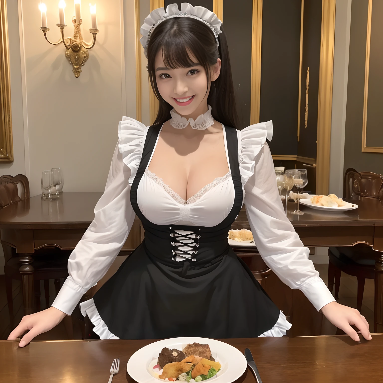 Wearing the cutest French maid in the world,Z Cup Big,Gravure model attire, (1girl in:1.3)、photos realistic、Photorealsitic:1.4 Official art、ultra-detailliert、Beautiful and aesthetic、Beautiful fece、​masterpiece、top-quality、sitted、Spread your legs、Colossal tits、(barechested)、The cutest maid choker in the world、The cutest gloves in the world、Beautiful skin、The cutest earrings in the world、Cute smile、At the cutest café in the world、The world's cutest gravure idol pose、The world's most glamorous body