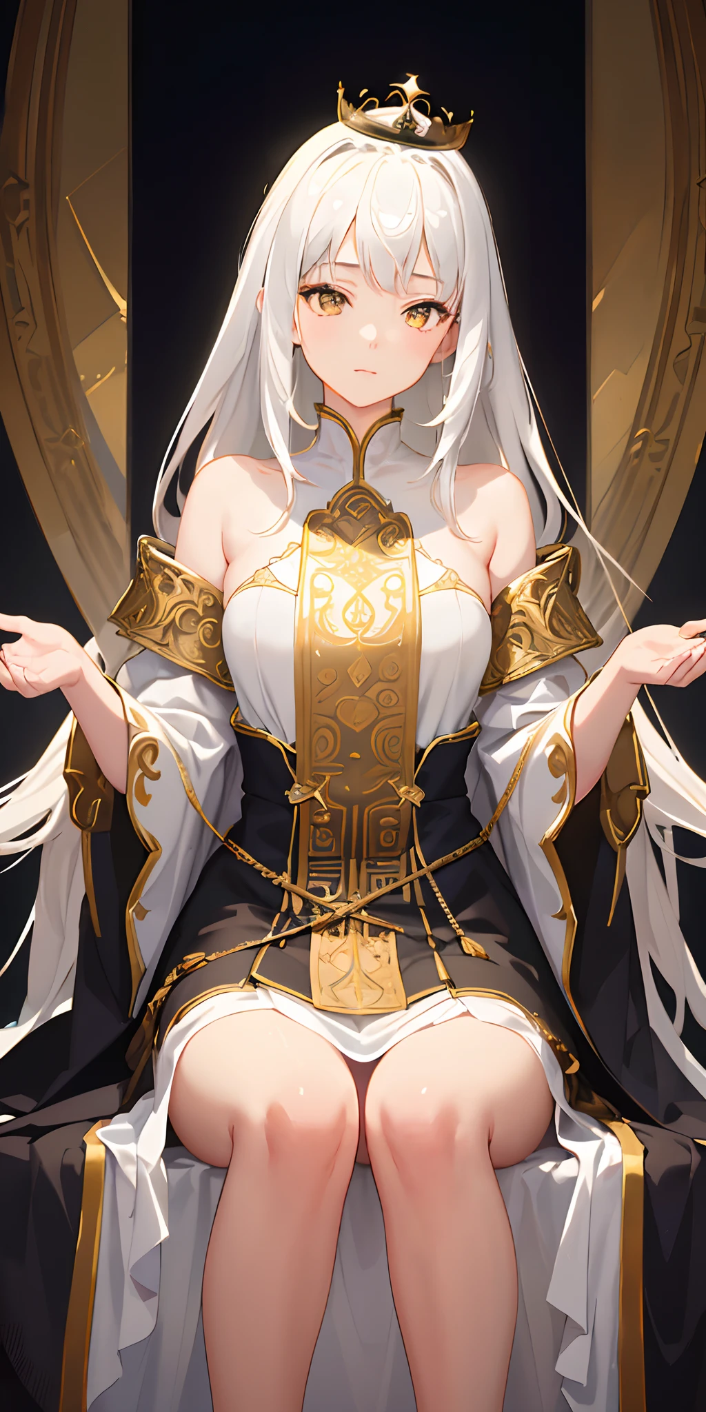 (Masterpiece:1.2), best quality, (illustration:1.2), (ultra-detailed), hyper details, (delicate detailed), (intricate details), (cinematic light, best quality Backlights), clear line, from below, soloist, perfect body, (1girl), white hair and yellow eyes, (emperor, black see-through clothes), (crown: 1.1), sitting on the throne, eyes slightly closed, head down, (shy: 1.2 ), (makeup), high contrast, (best illumination, an extremely create and beautiful), (cinematic light), colorful,
