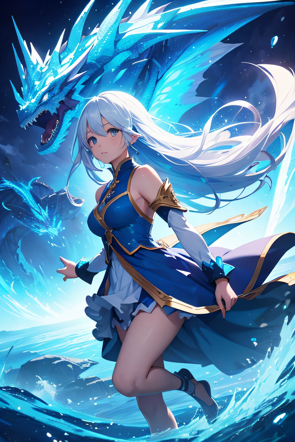 a girl with blue dress and white hair in dragon hunter style, floating in the air together with a large blue dragon, in HD, beautiful and with a powerful aura, 4k