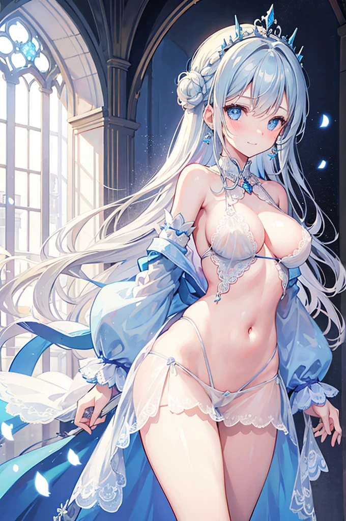 1 woman、Radiant hair、fluffy and soft hair、Sparkling eyes、爆乳、Too large breasts、Seductive breasts、Sheer underwear、Tiara of the Goddess、goddess god々Feeling、lace cape、aquamarine choker、Castle Room、Long Lace Bale、Ruffles and ribbons、A smile、The upper part of the body、 A glowing wand made of crystal.、Wings encrusted with aquamarine、A benevolent look、Eternal brilliance、Too large breasts、爆乳、puffy chest、Cinderella's Castle、Navel Ejection、I can see my nipples