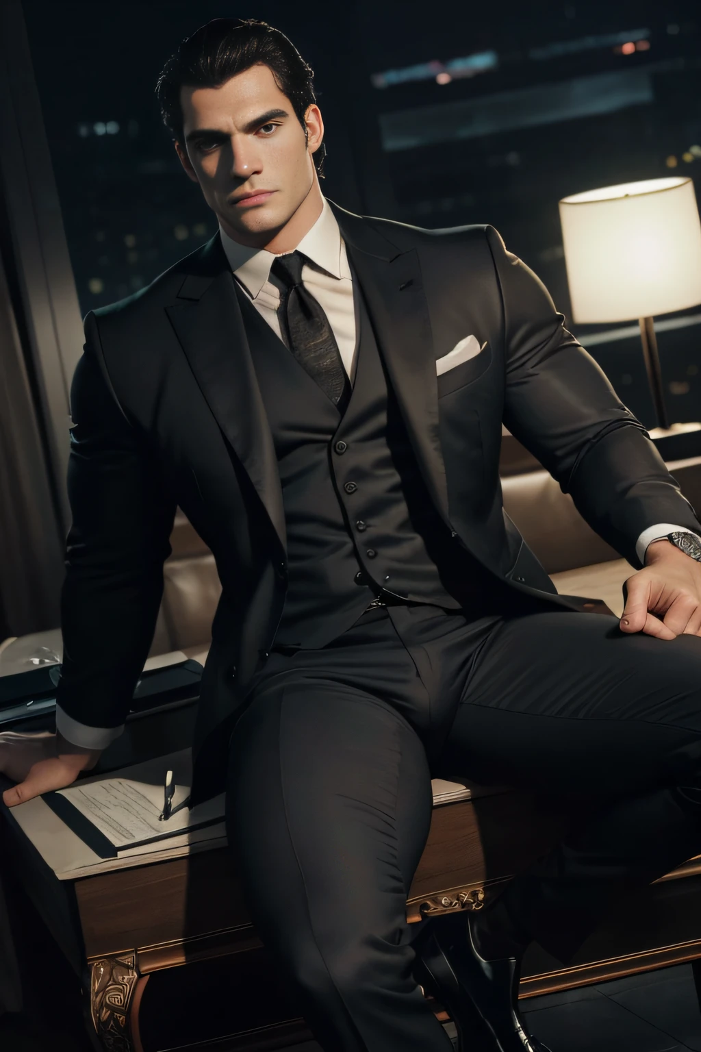 henry cavill alpha chad masculine muscled CEO businessman mafia mob boss sitting in office, spread legs big bulge dark moody sensual sexy gay menatplay pinup shoes in view night time masterpiece bulge in view