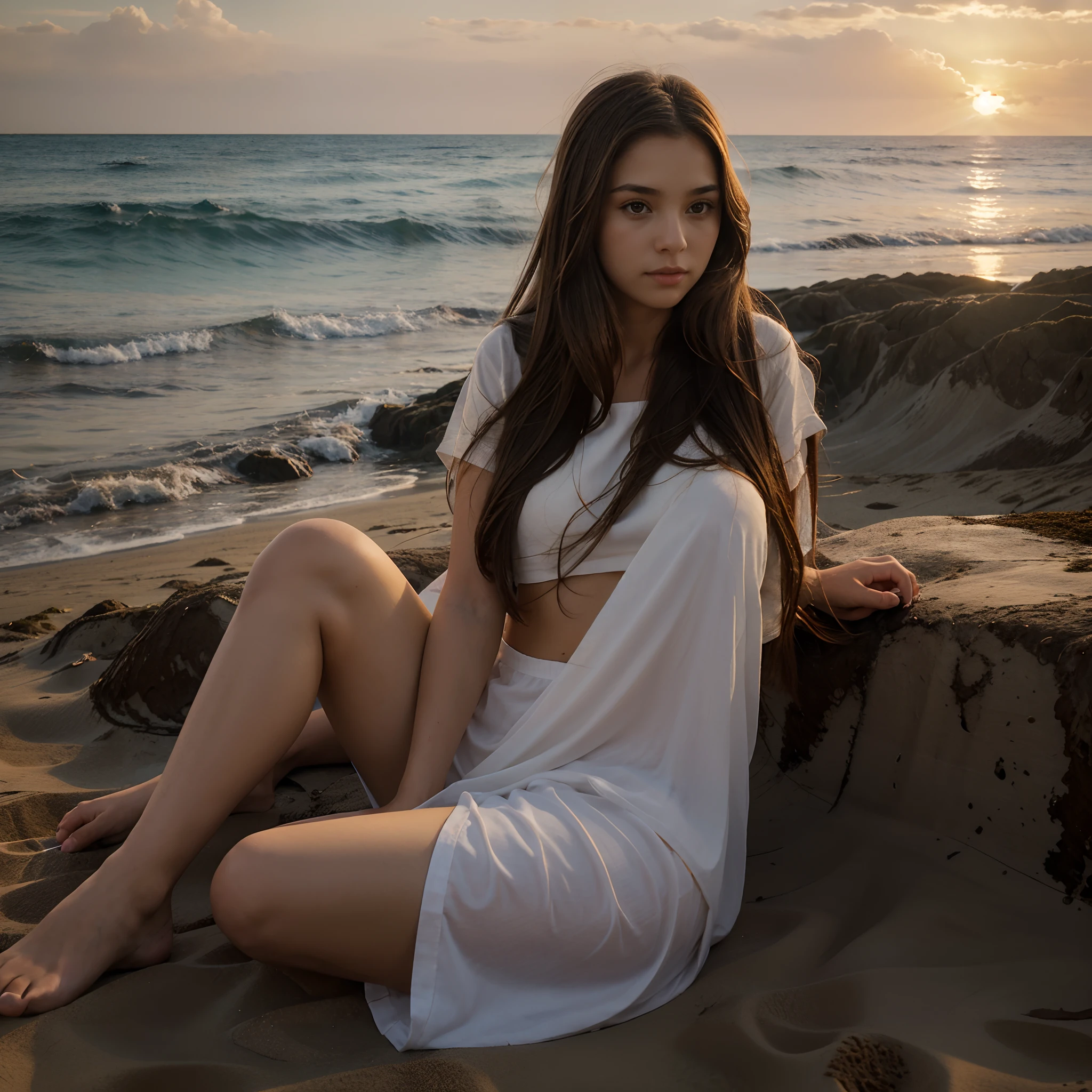 portrait of a beautifull, skinny 21-year-old American beautifull, cute girl with long brown hair and shinning big, blue eyes. She should have a natural, approachable expression and be illuminated by soft, golden-hour sunlight. She is wearing beautiful white beach wet dress. She is lying on the sand on the beach. The background should be a scenic outdoor setting, perhaps a sunlit beach with palms. Capture this image with a high-resolution photograph using an 85mm lens for a flattering perspective. high detail,slim body, (cold color), reflection, (masterpiece) (Perfect proportions) (realistic photos) (highest quality) (detail), HDR, (8k) (wallpaper) (movie lighting) (dramatic lighting) (sharp focus) (complex), short gold beach dress, very small beach dress, (((full body shot))), full body shot, sexy pose, best lighting, slim body, seductive, detailed eyes, orgasm, seductively looking at viewer, perfect beautiful ass, sexy legs, berautiful ass, sexy, pose