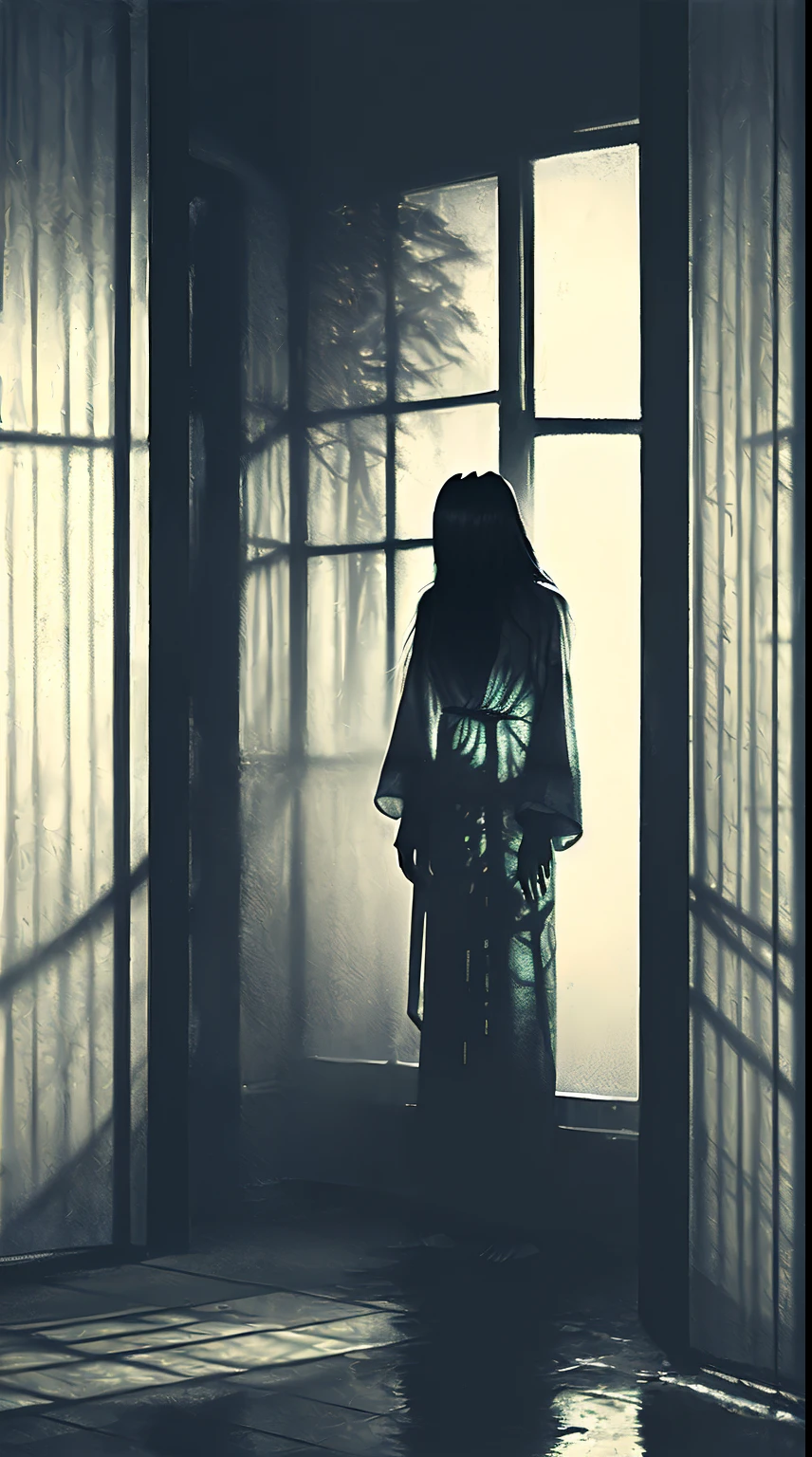 Sadako, (((liminal twilight))), dynamic lighting, photorealistic, trending on art station, stunning visuals, foggy, creative, cinematic, ultra detailed, atmospherical, ambient lighting, scary art, bad quality, heavy film grain, desaturated, orange teal hue