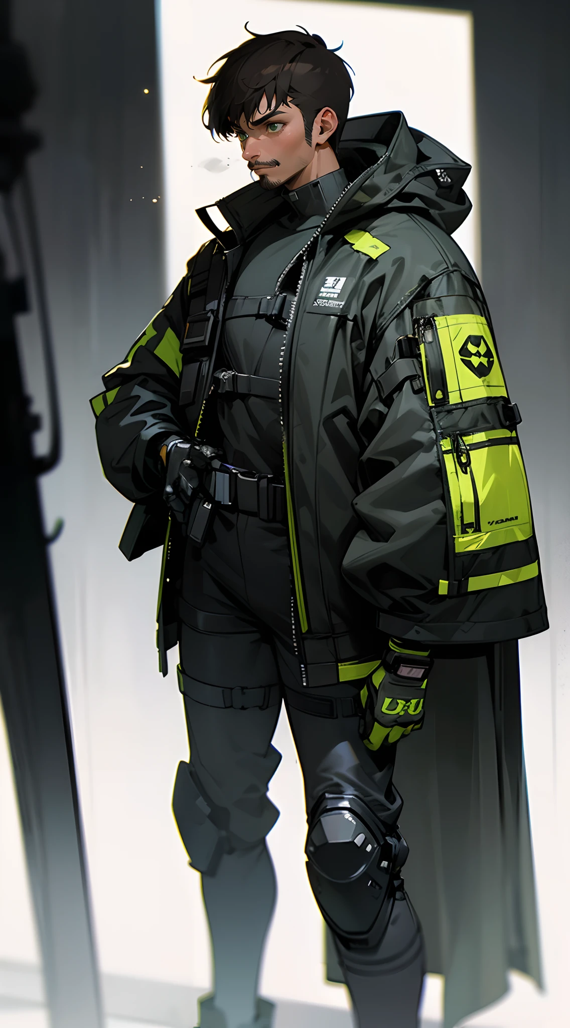 Handsome man , brown hair , very Short hair, ((Ivy League Haircut:1)) , green eyes , light skin ,((has facial stubble:1.3)), strong jawline ,((masculine:1)) , Well-defined body, Toned and lean , age 35,
standing in front of a building, wearing techwear and armor, photograph of a techwear, all black cyberpunk clothes, cyberpunk outfit, cyberpunk style outfit, wearing japanese techwear, wearing cyberpunk streetwear, cyberpunk streetwear, cyberpunk anime girl, cyberpunk clothes, cyberpunk outfits, techwear fashion, wearing space techwear, cyberpunk fashion clothing,
(masterpiece, best quality )detailed, 1Character , pastel washed out colors , cell shade , soft, muted shades ,gentle colors ,