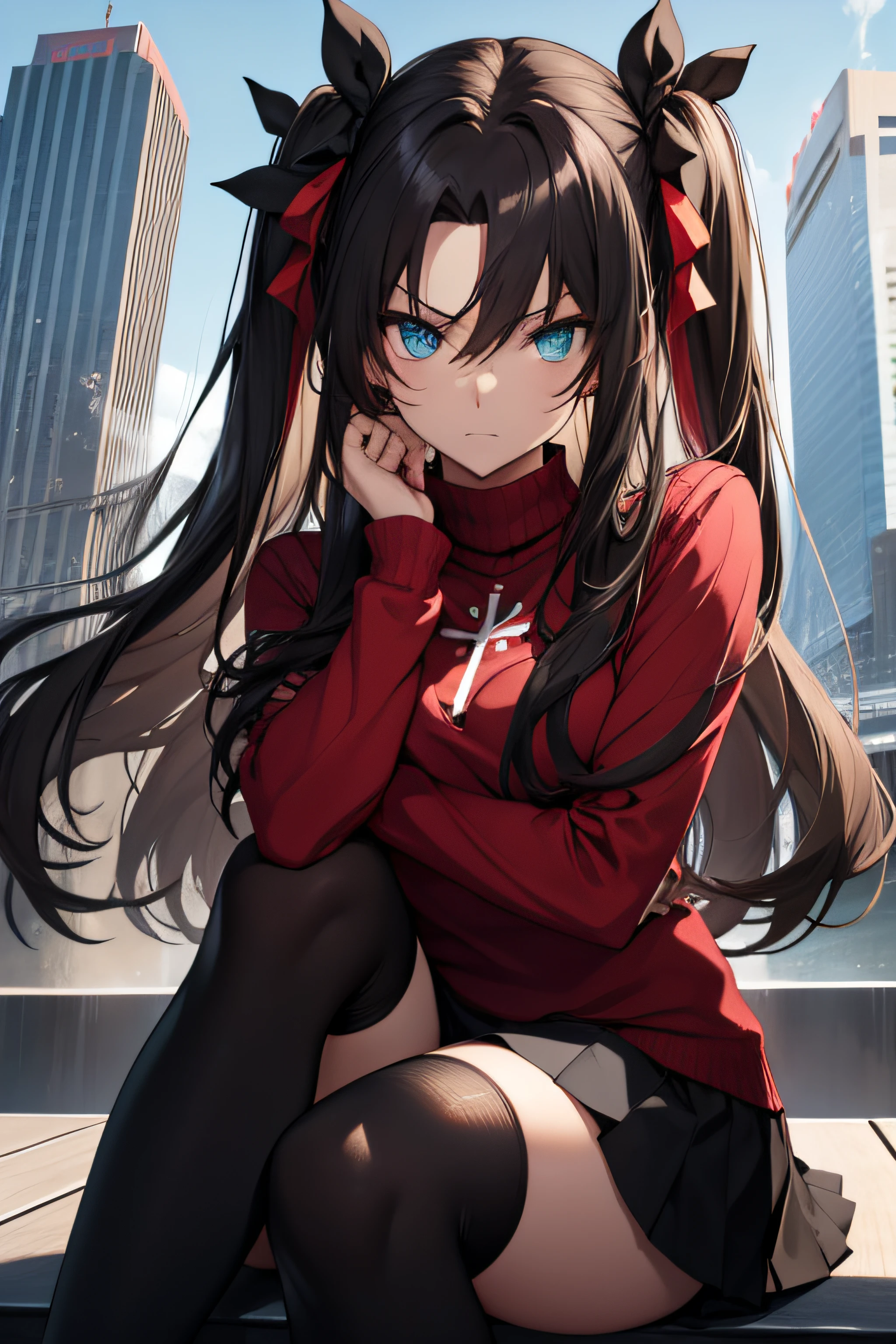 (masterpiece), best quality, expressive eyes, perfect face, 1girl, solo, rintohsaka, rin tohsaka, aqua eyes, black hair, hair ribbon, long hair, ribbon, sidelocks, two side up, black skirt, black thighhighs, long sleeves, miniskirt, pleated skirt, ((red sweater)), skirt, sweater, thighhighs, turtleneck, city background, sitting, character sheet, upper body, portrait, looking at viewer