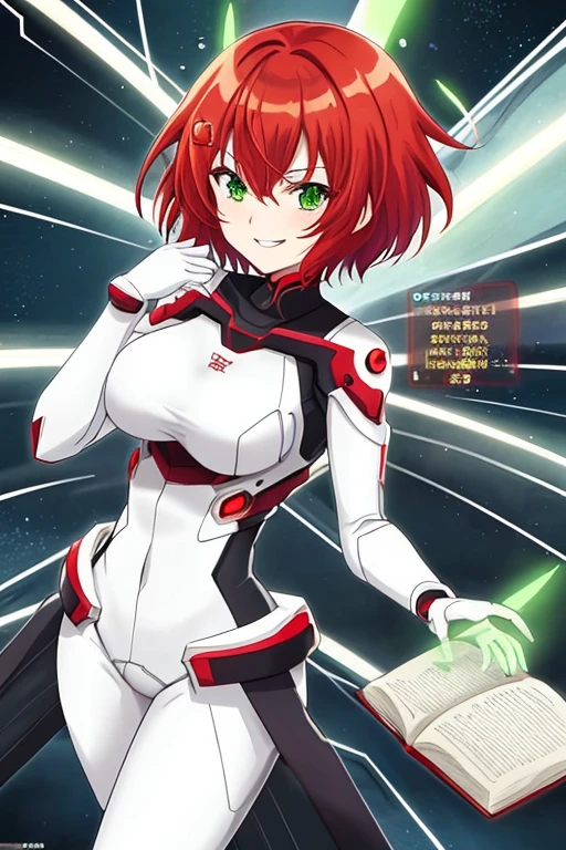 anime style, 2d, anime screencap, 1girl, red hair, medium hair, short hair, futuristic, science-fiction, light smile, white clothes, breasts, green eyes, tech, hair ornament, book