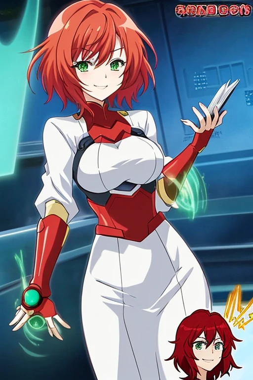 anime style, 2d, anime screencap, 1girl, red hair, medium hair, short hair, futuristic, science-fiction, light smile, white clothes, breasts, green eyes, tech, hair ornament, book